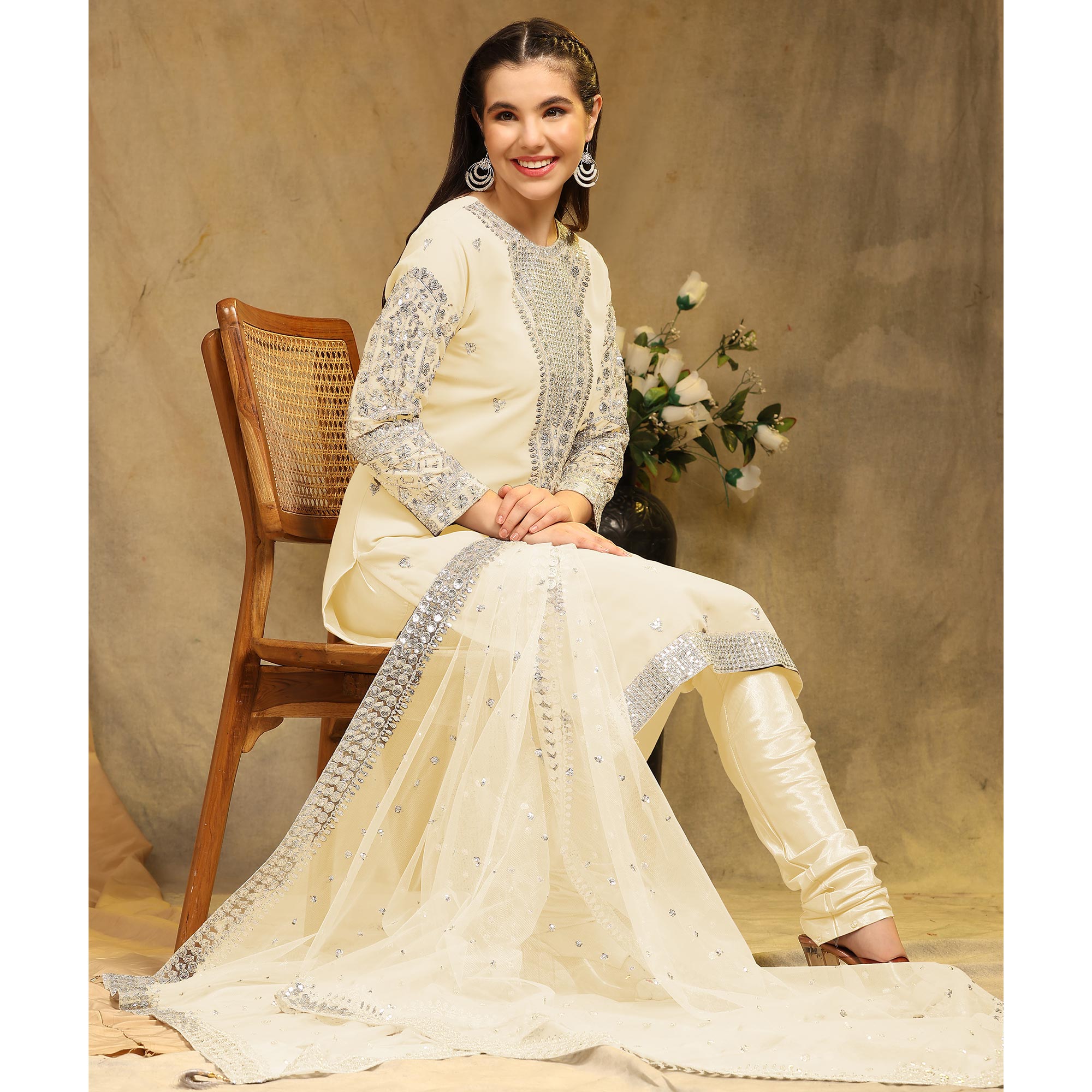 Cream Sequins Embroidered Georgette Semi Stitched Salwar Suit