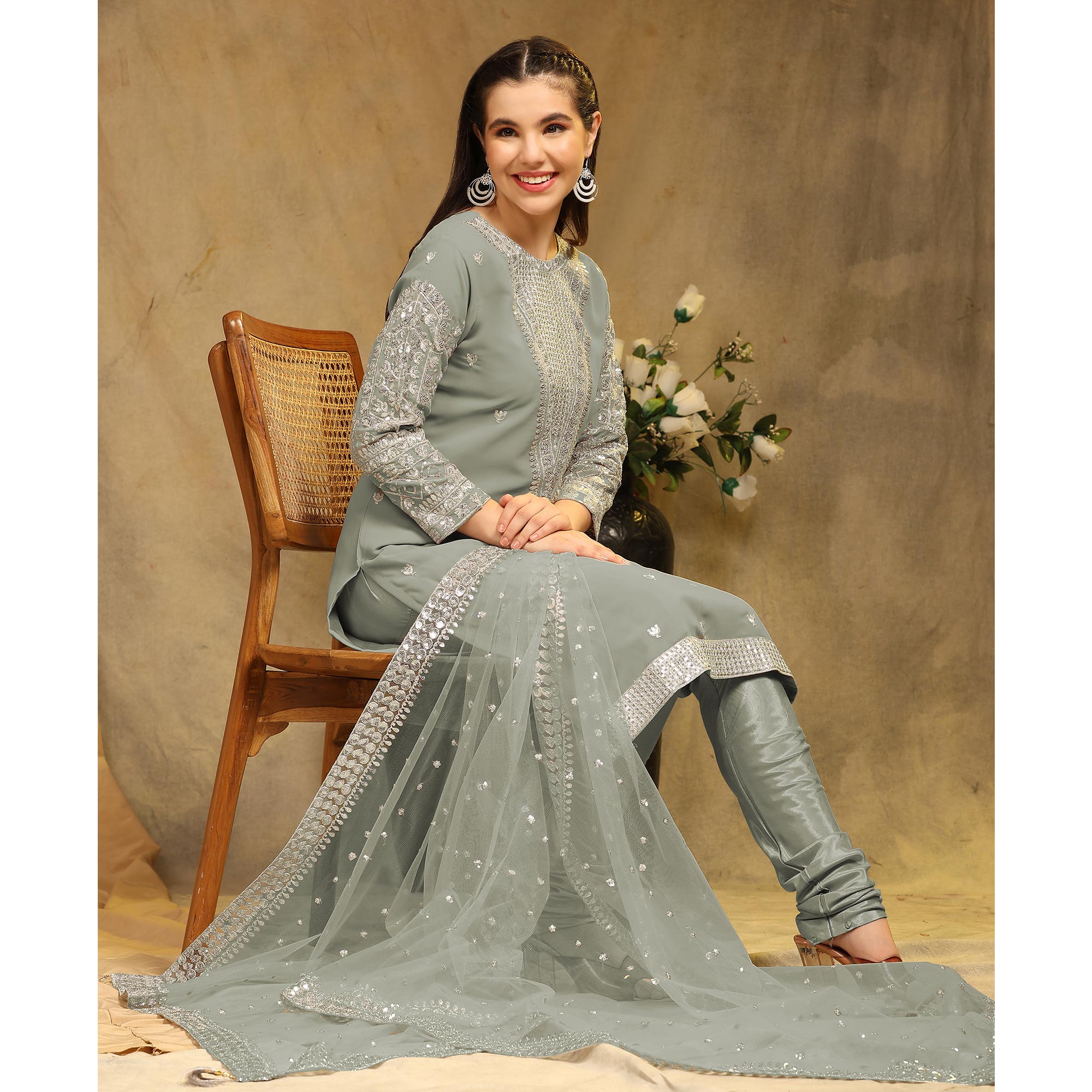 Dusty Green Sequins Embroidered Georgette Semi Stitched Salwar Suit