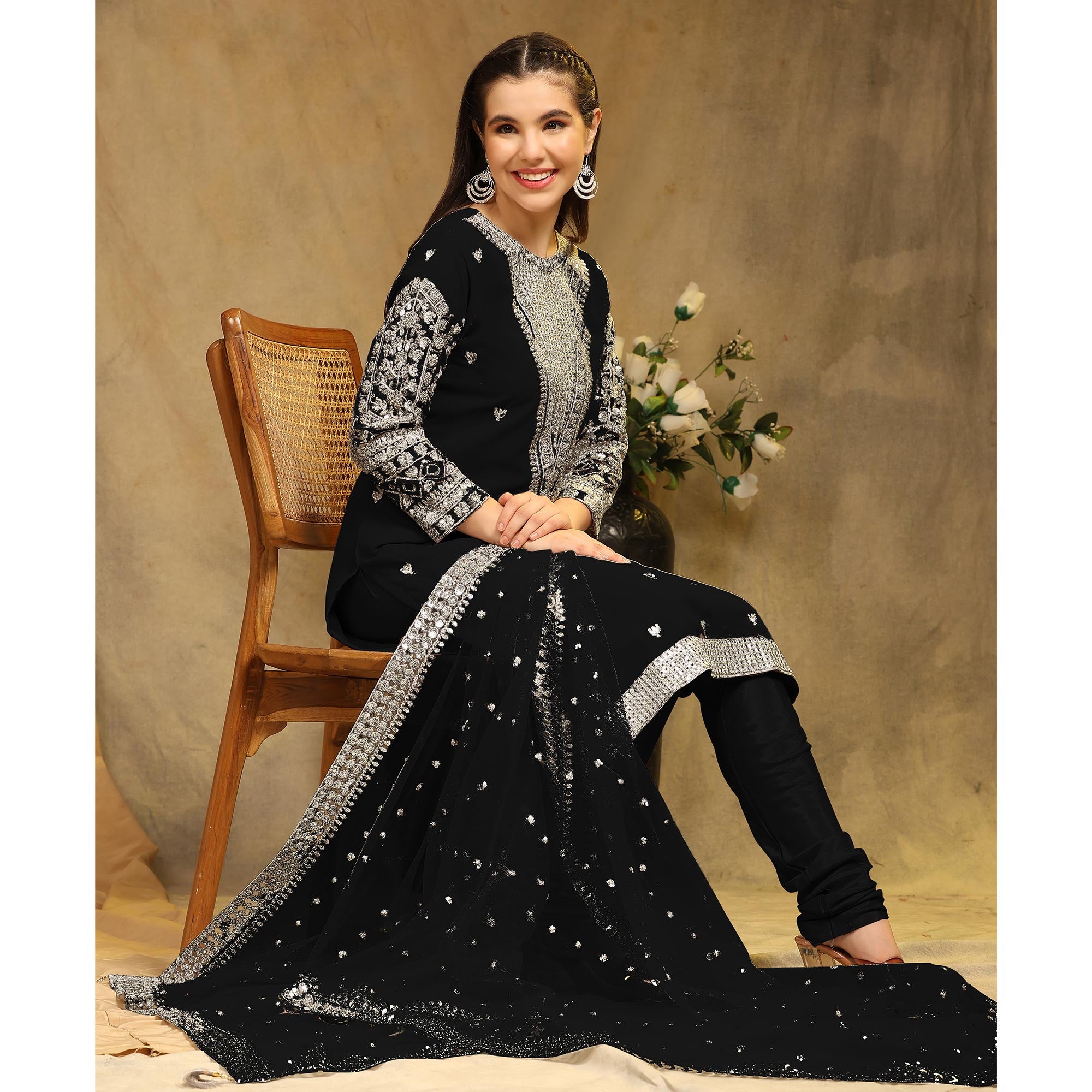 Black Sequins Embroidered Georgette Semi Stitched Salwar Suit