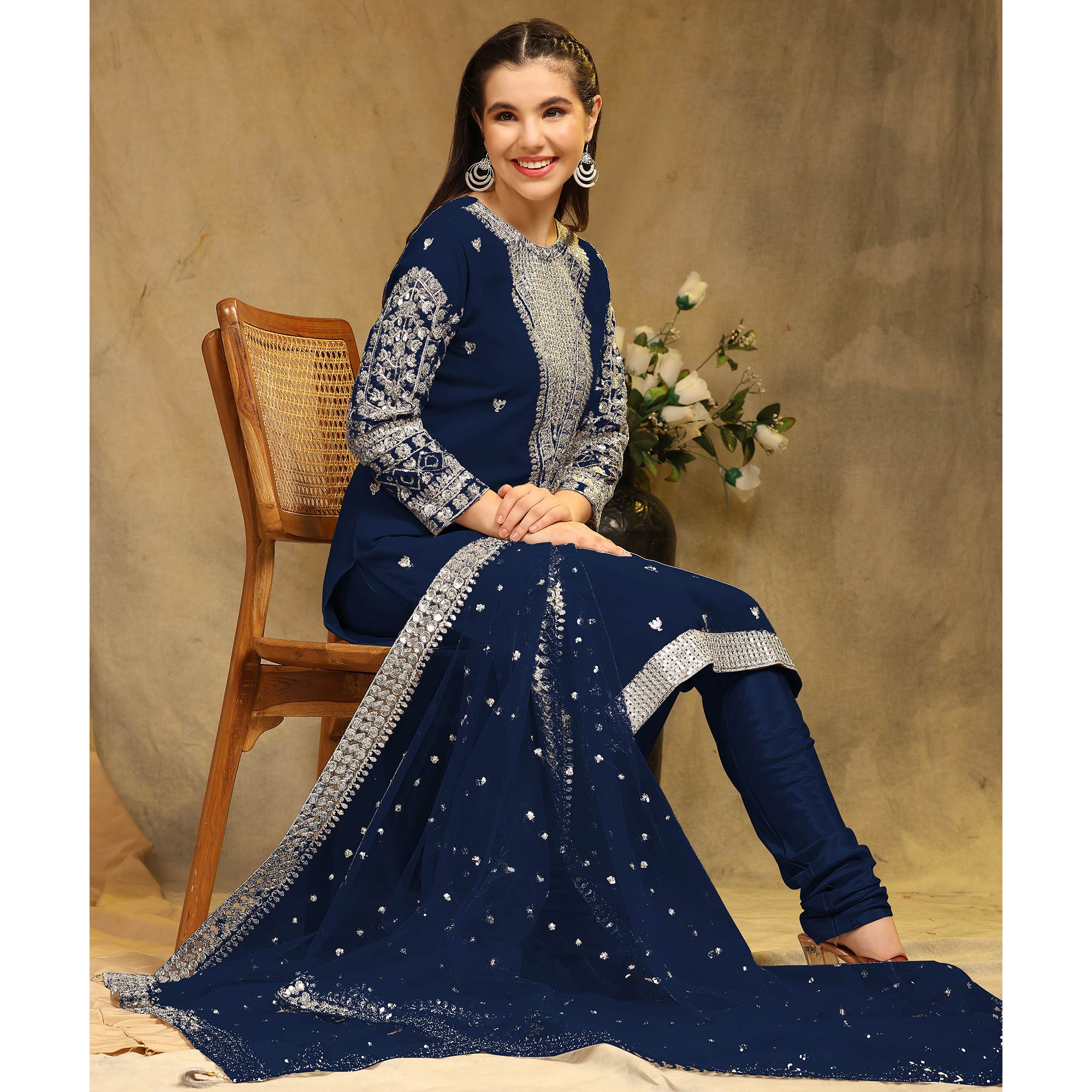 Blue Sequins Embroidered Georgette Semi Stitched Salwar Suit