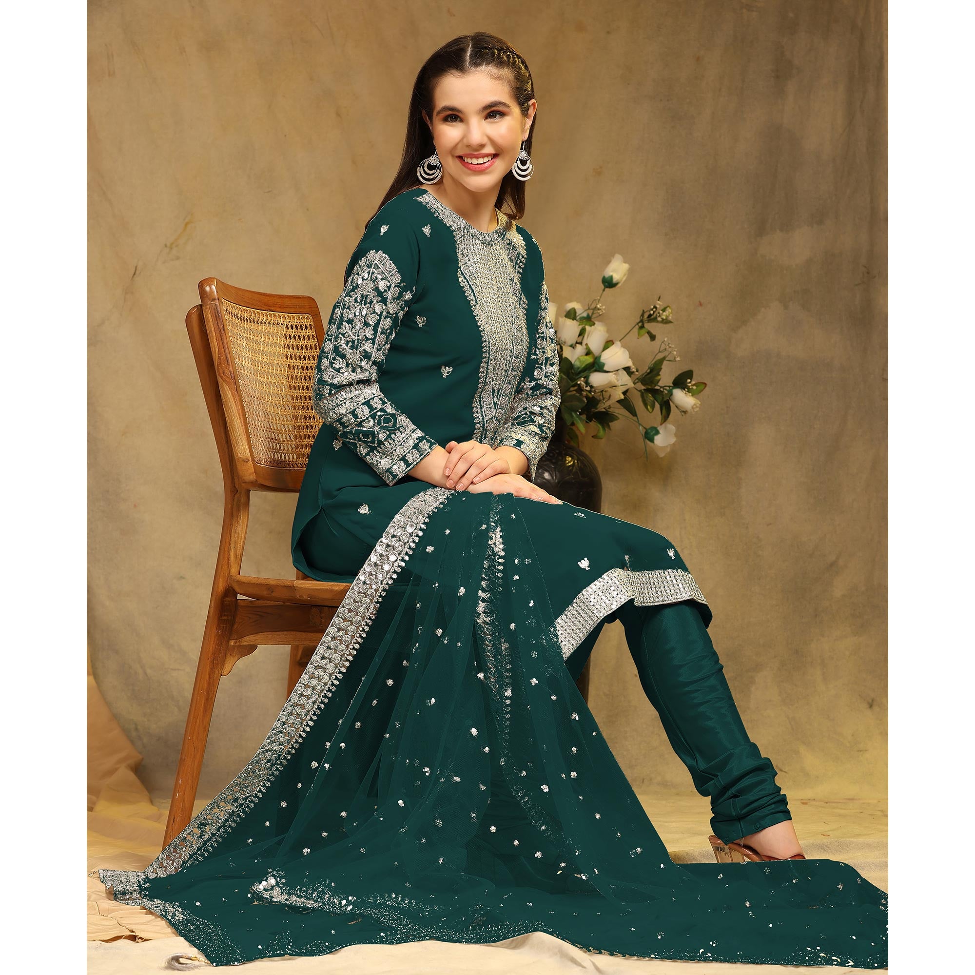 Rama Green Sequins Embroidered Georgette Semi Stitched Salwar Suit