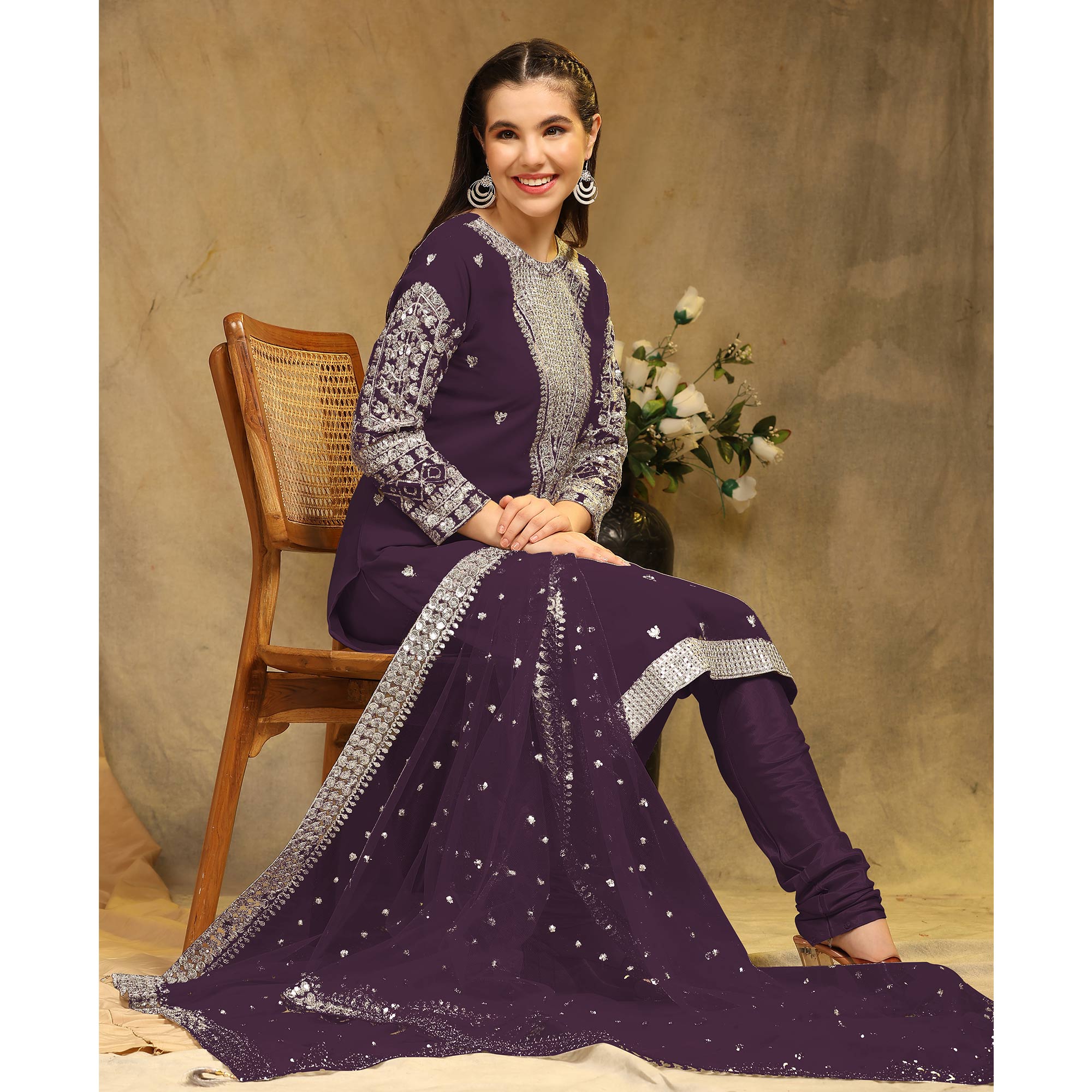 Wine Sequins Embroidered Georgette Semi Stitched Salwar Suit