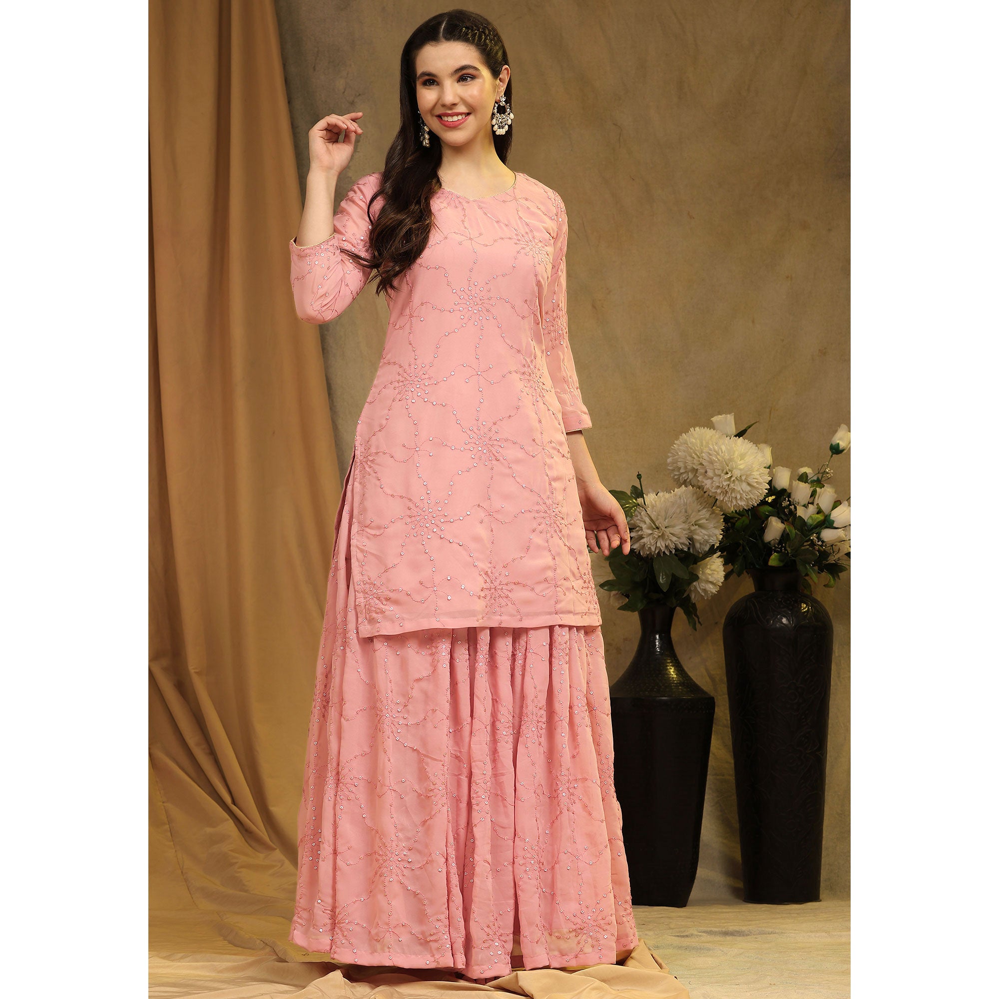 Peach Embroidered Georgette Semi Stitched Sharara Suit