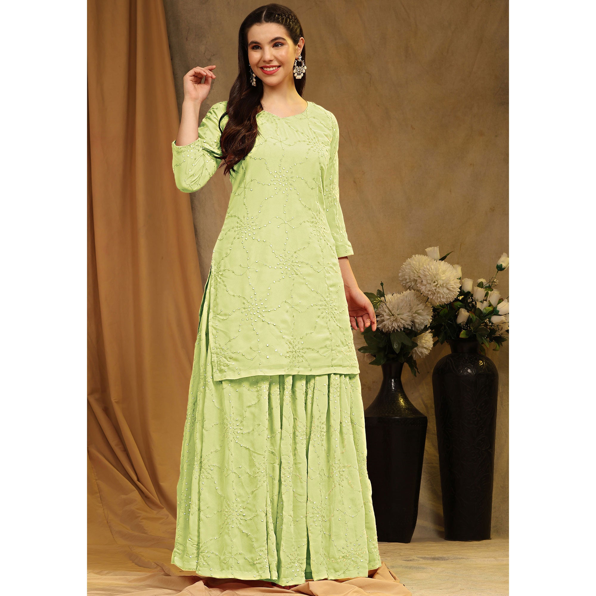Parrot Green Embroidered Georgette Semi Stitched Sharara Suit