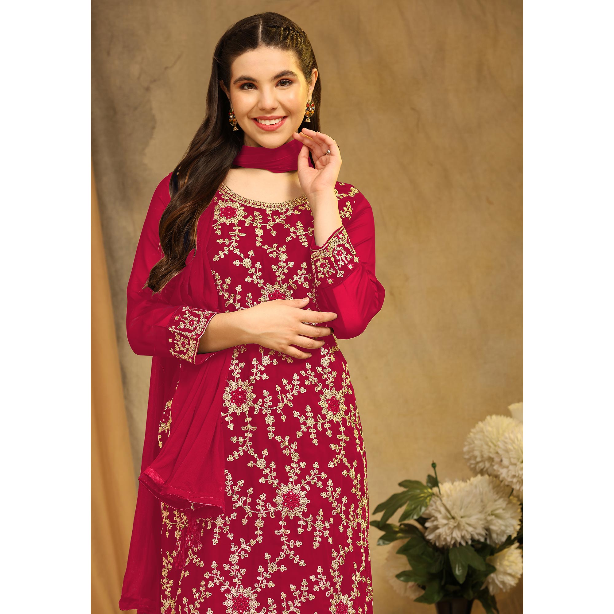 Pink Floral Embroidered Georgette Semi Stitched Suit