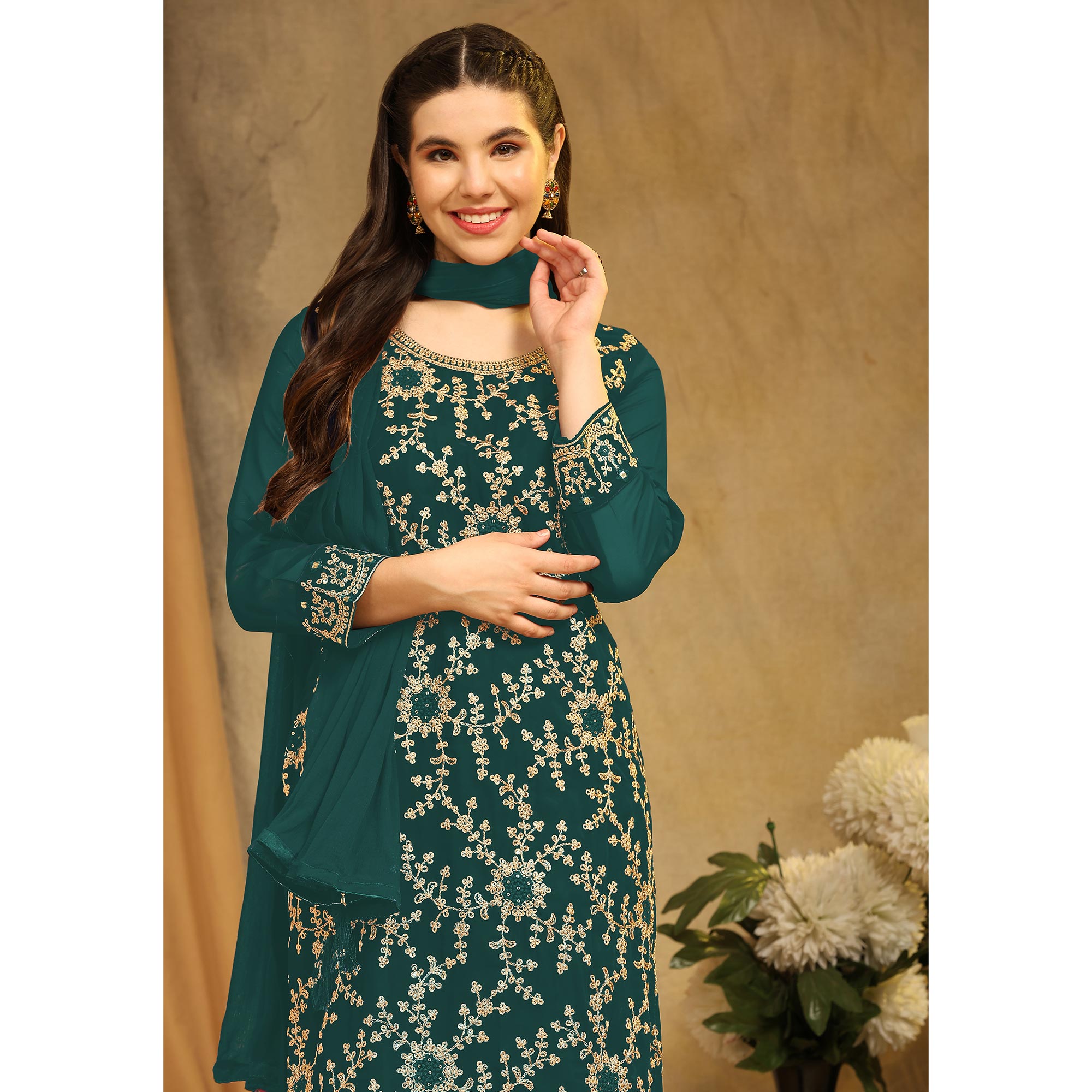 Green Floral Embroidered Georgette Semi Stitched Suit