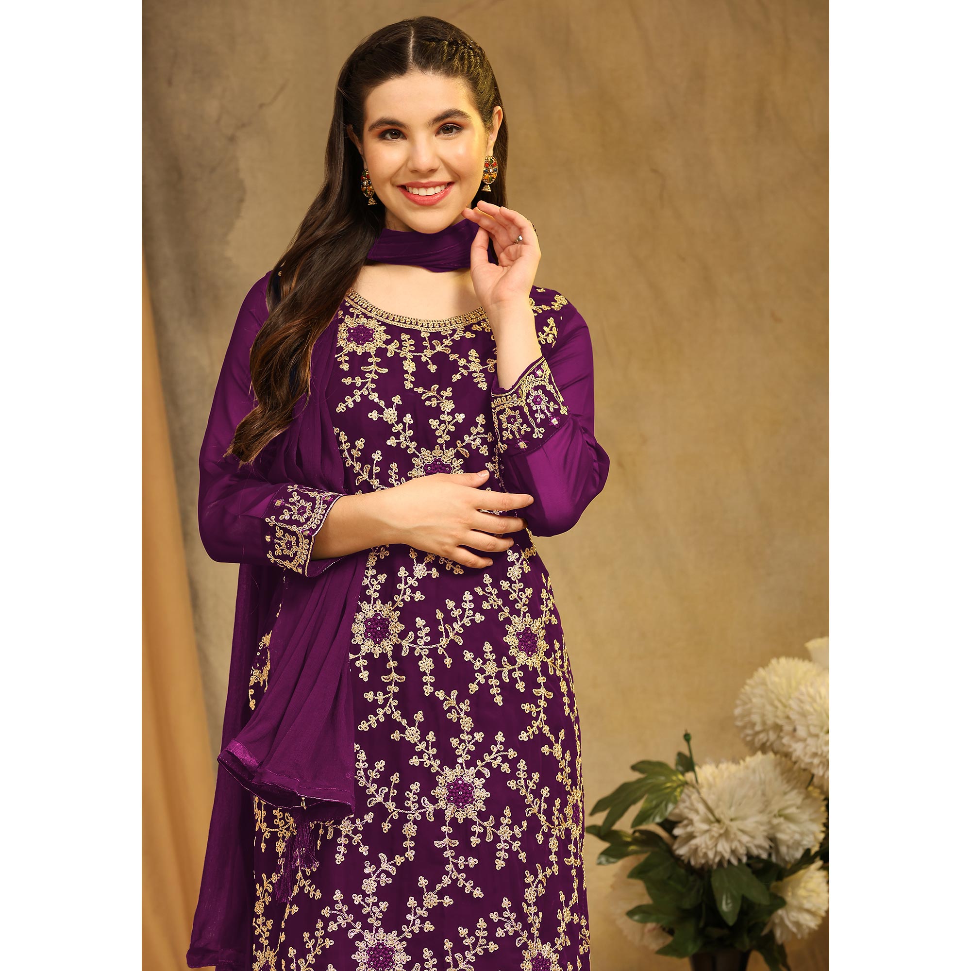 Purple Floral Embroidered Georgette Semi Stitched Suit