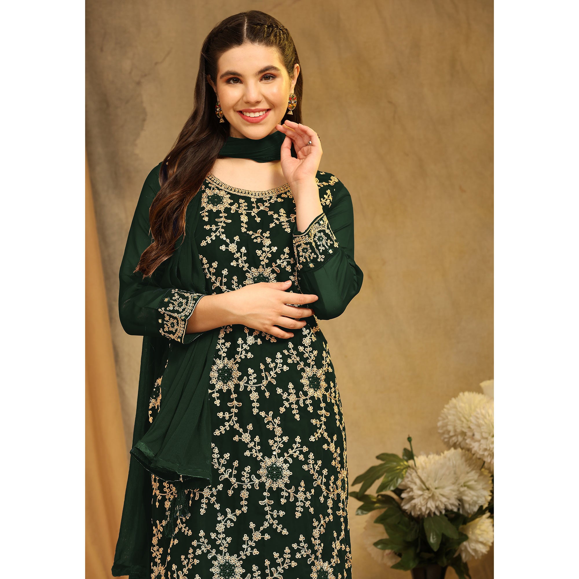 Bottle Green Floral Embroidered Georgette Semi Stitched Suit