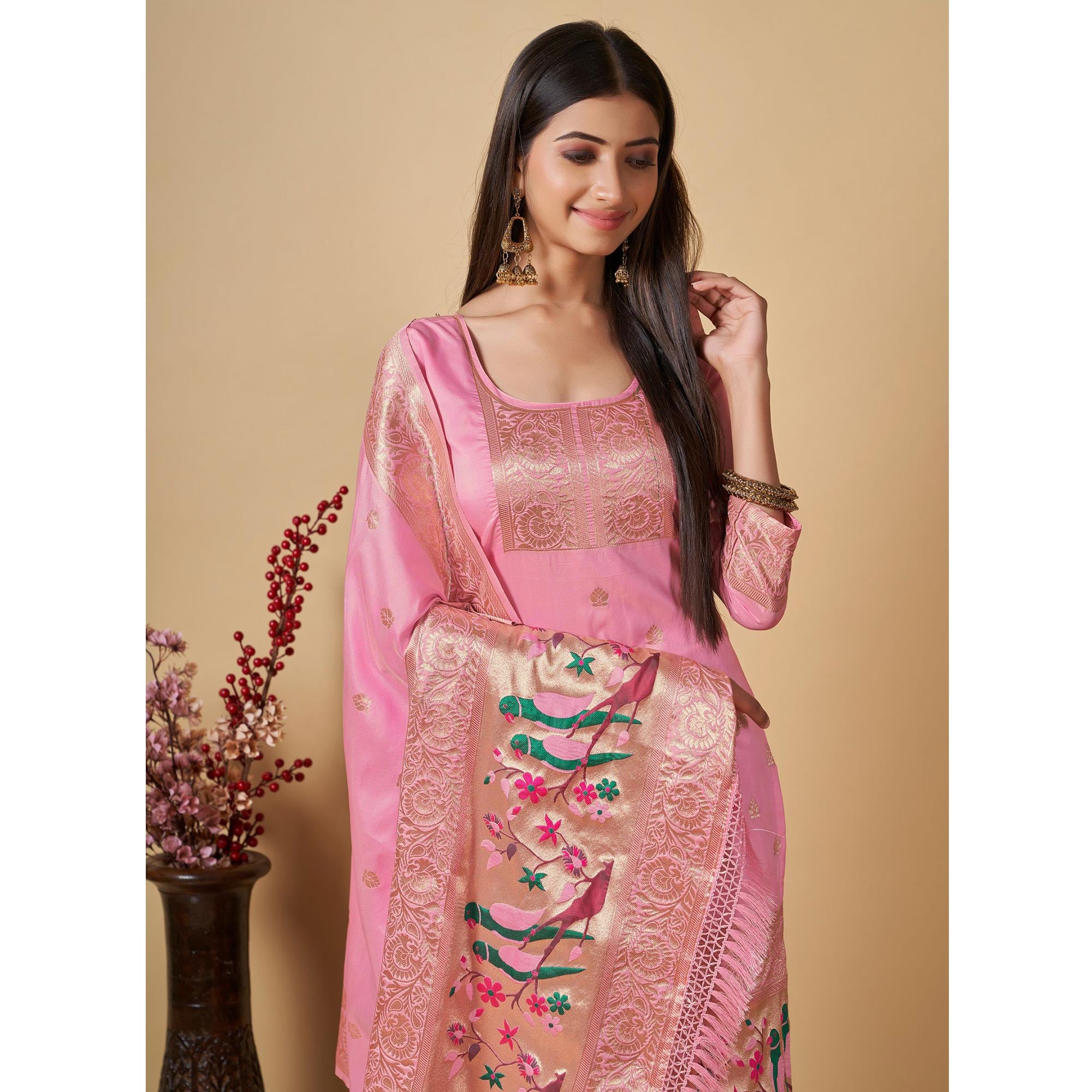 Baby Pink Floral Woven Banarasi Silk Paithani Dress Material