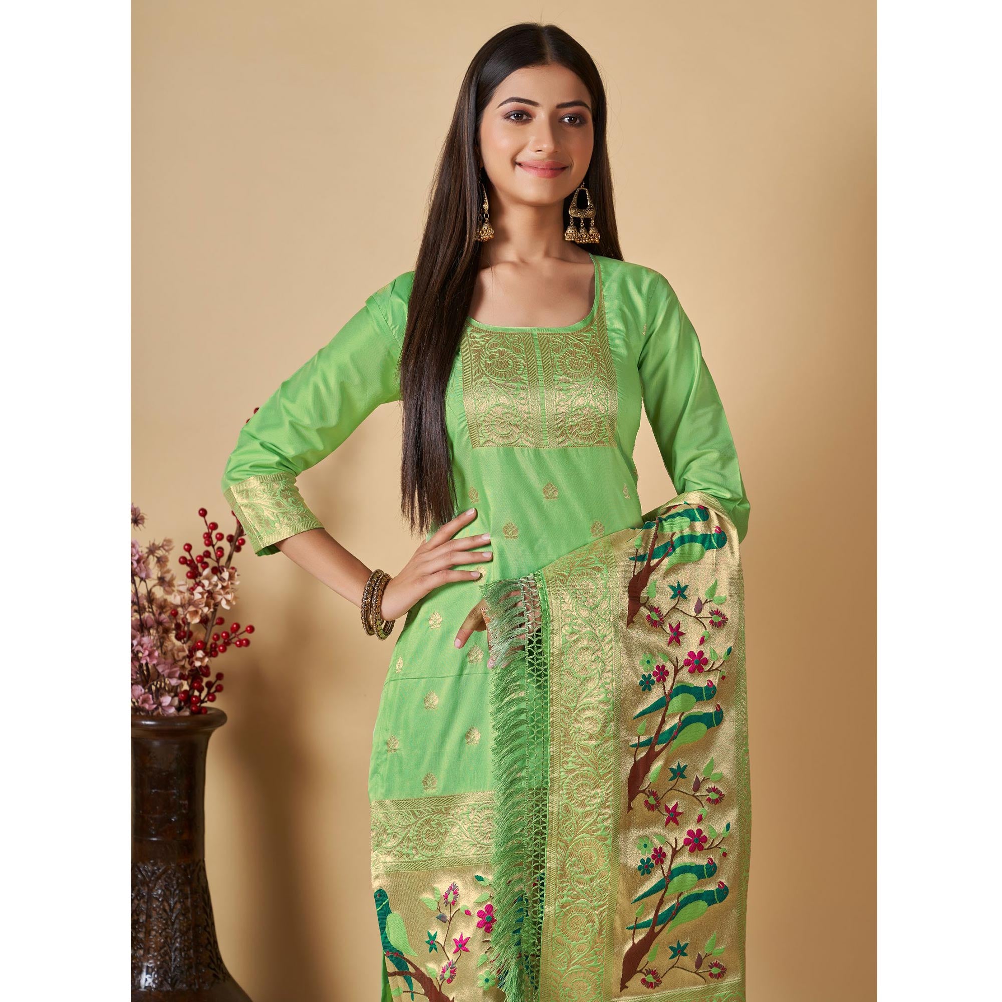 Pista Green Floral Woven Banarasi Silk Paithani Dress Material