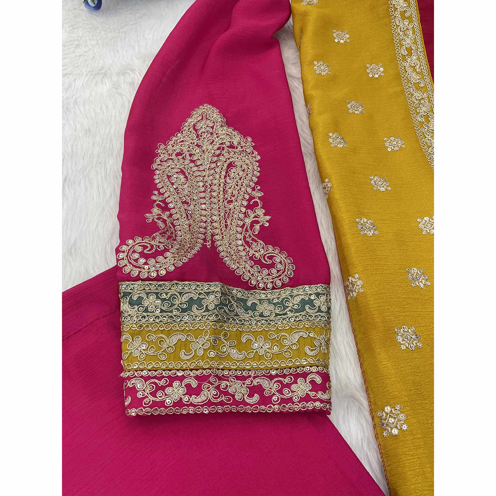 Pink Embroidered Sequins Work Chinon Semi-Stitched Salwar Suit