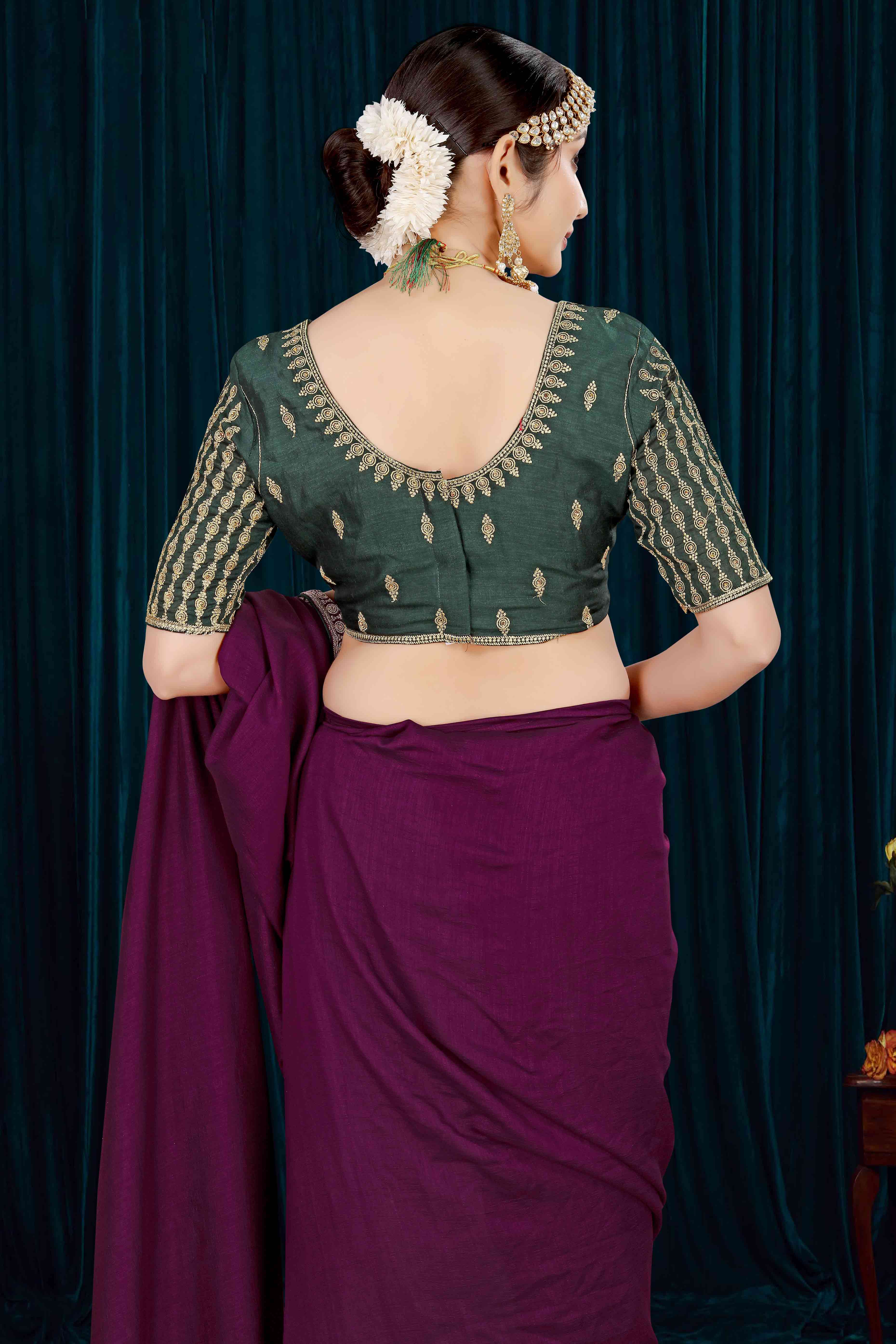 Wine Solid With Zari Embroidered Vichitra Silk Saree