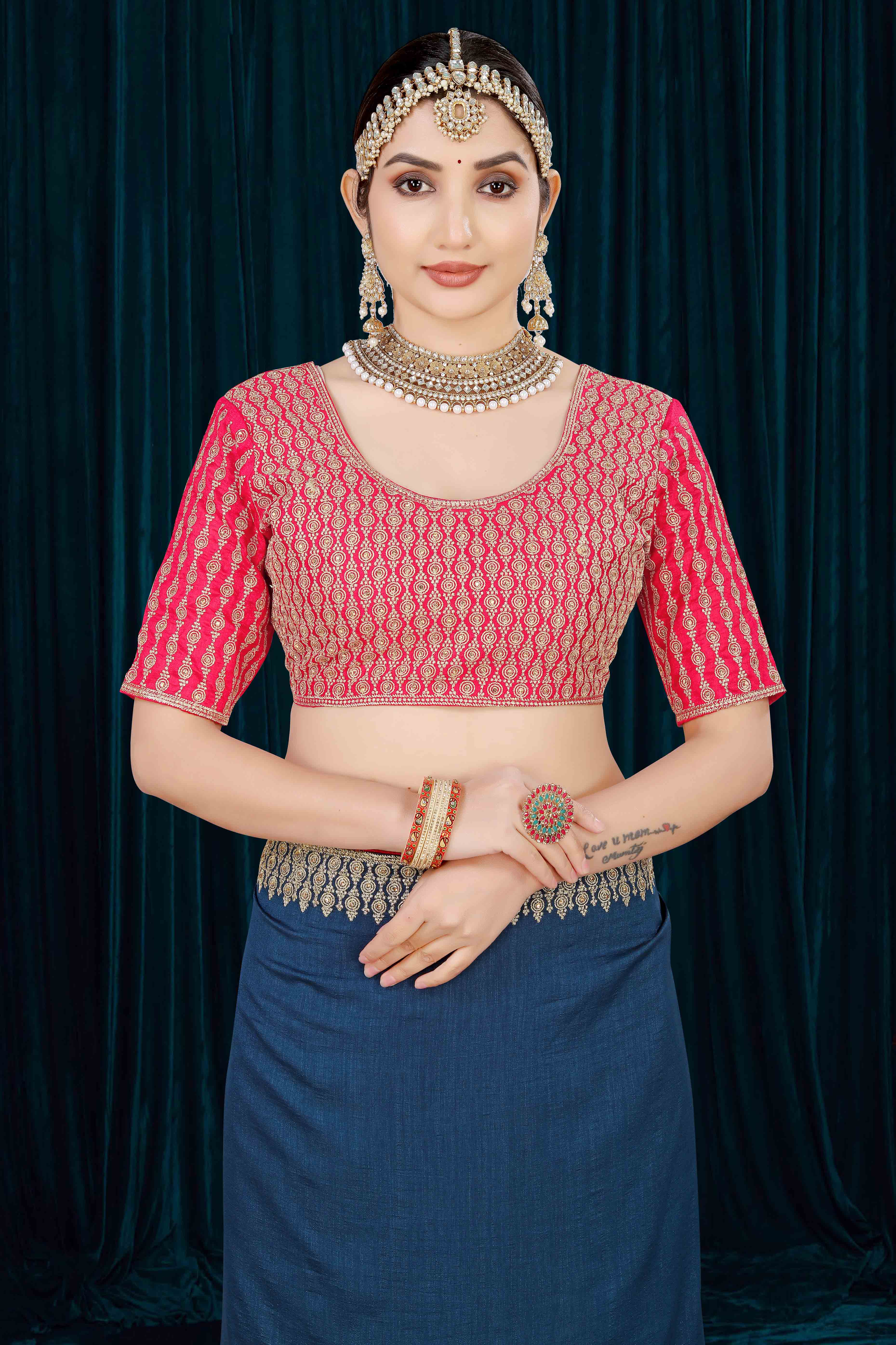 Blue Solid With Zari Embroidered Vichitra Silk Saree