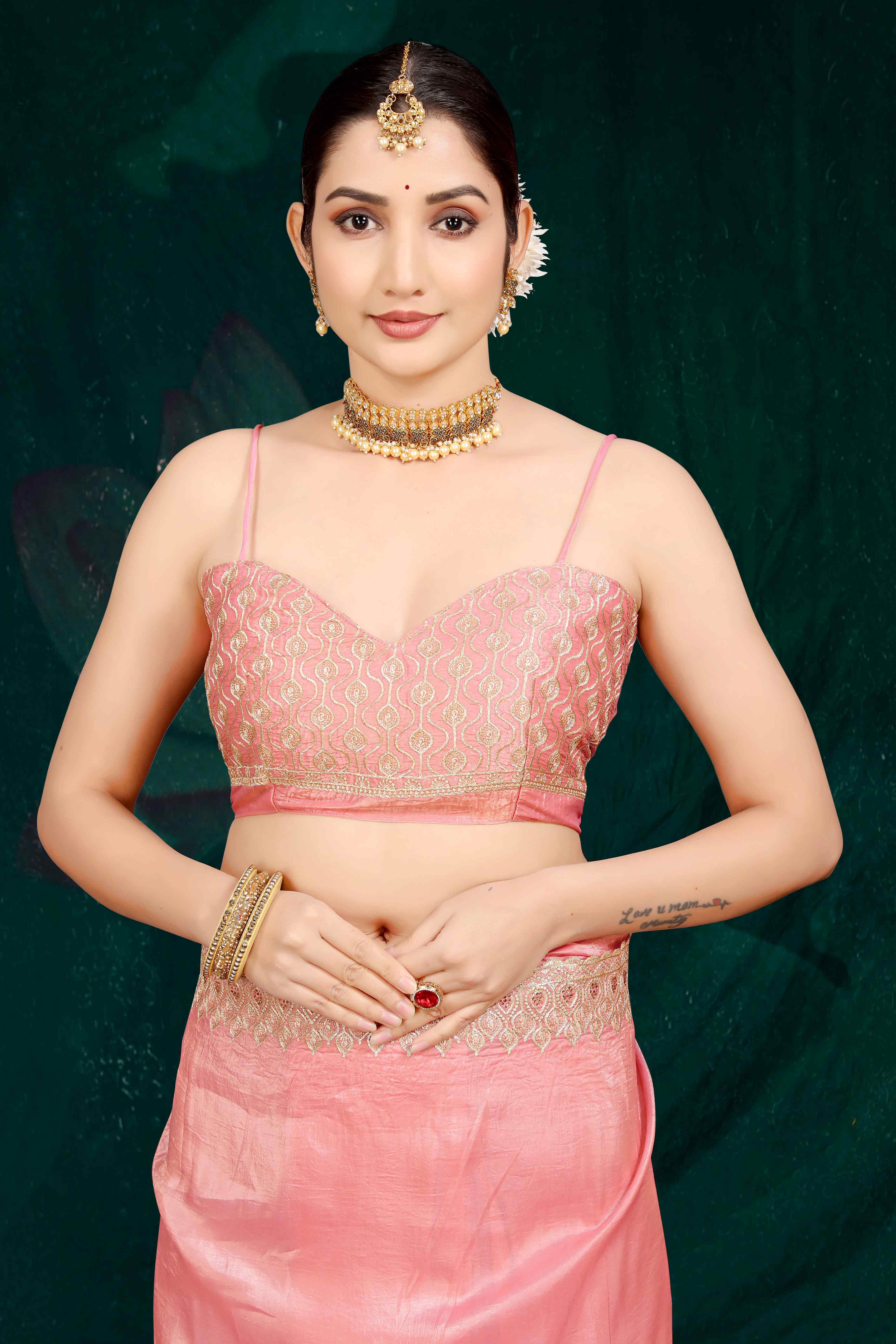 Peach Solid With Swarovski Work Tissue Gold Crush Saree