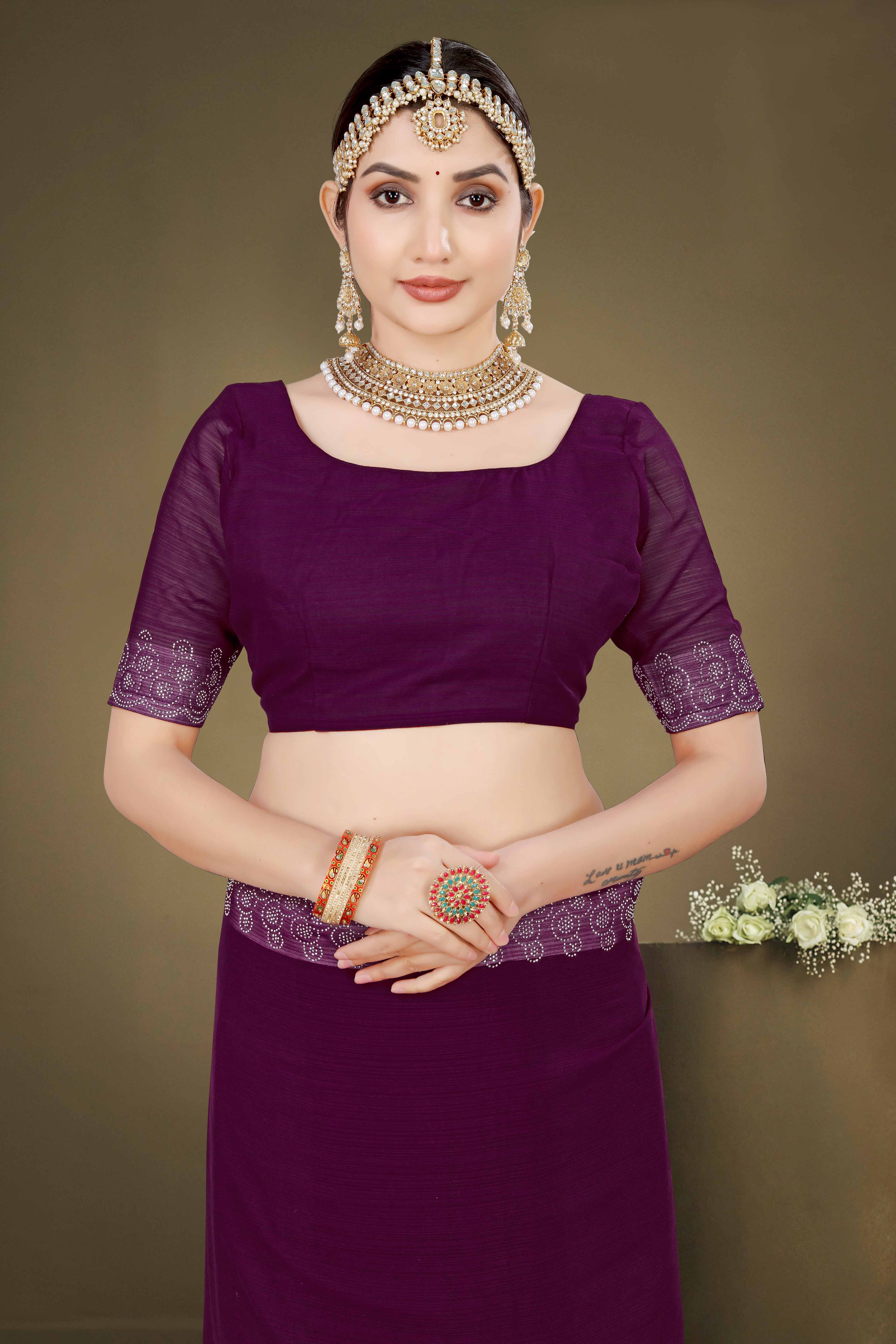 Wine Solid With Swarovski Work Chiffon Saree