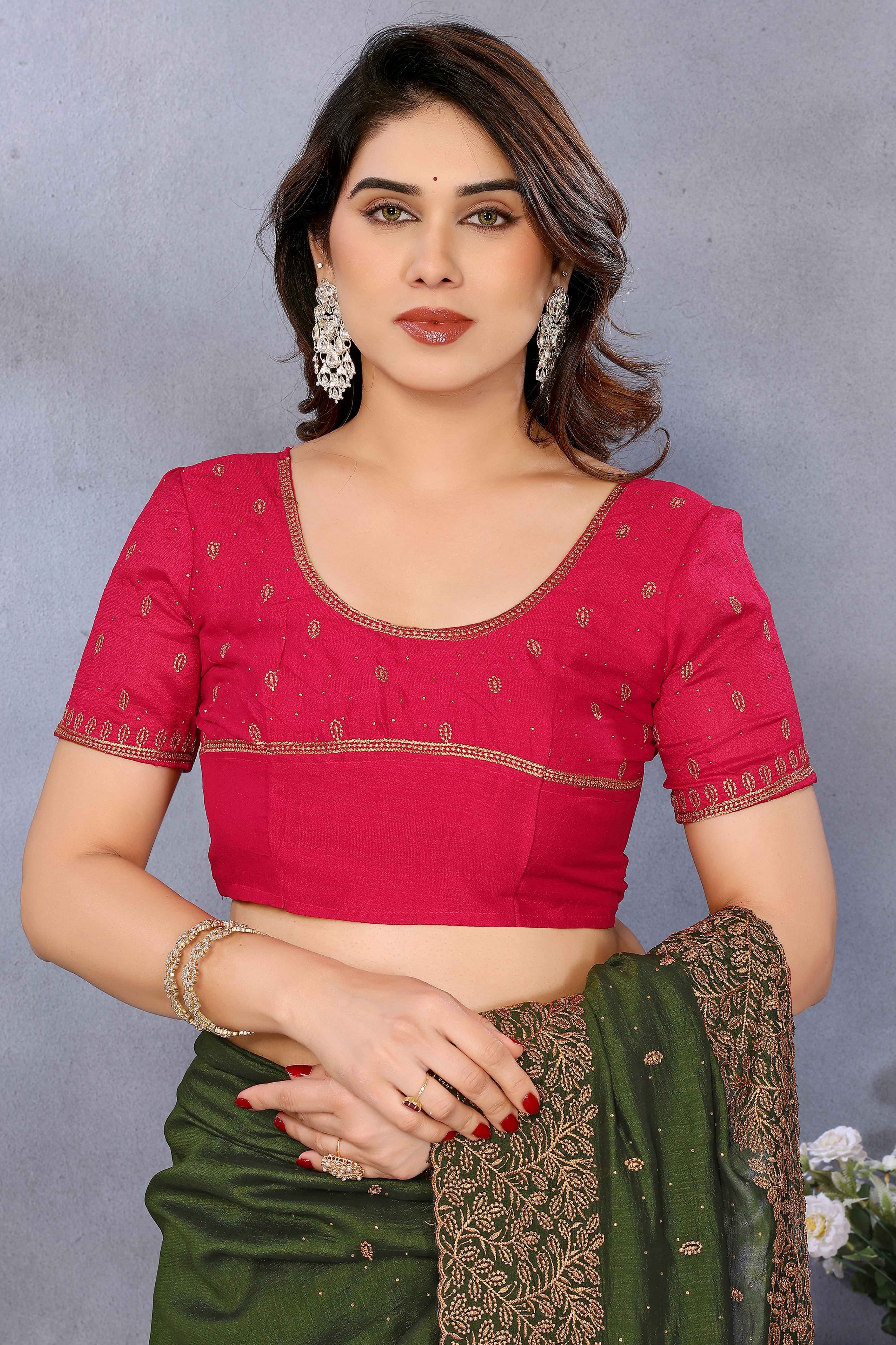 Mehendi Green Vichitra Silk Saree with Zari Embroidery and Stone Work