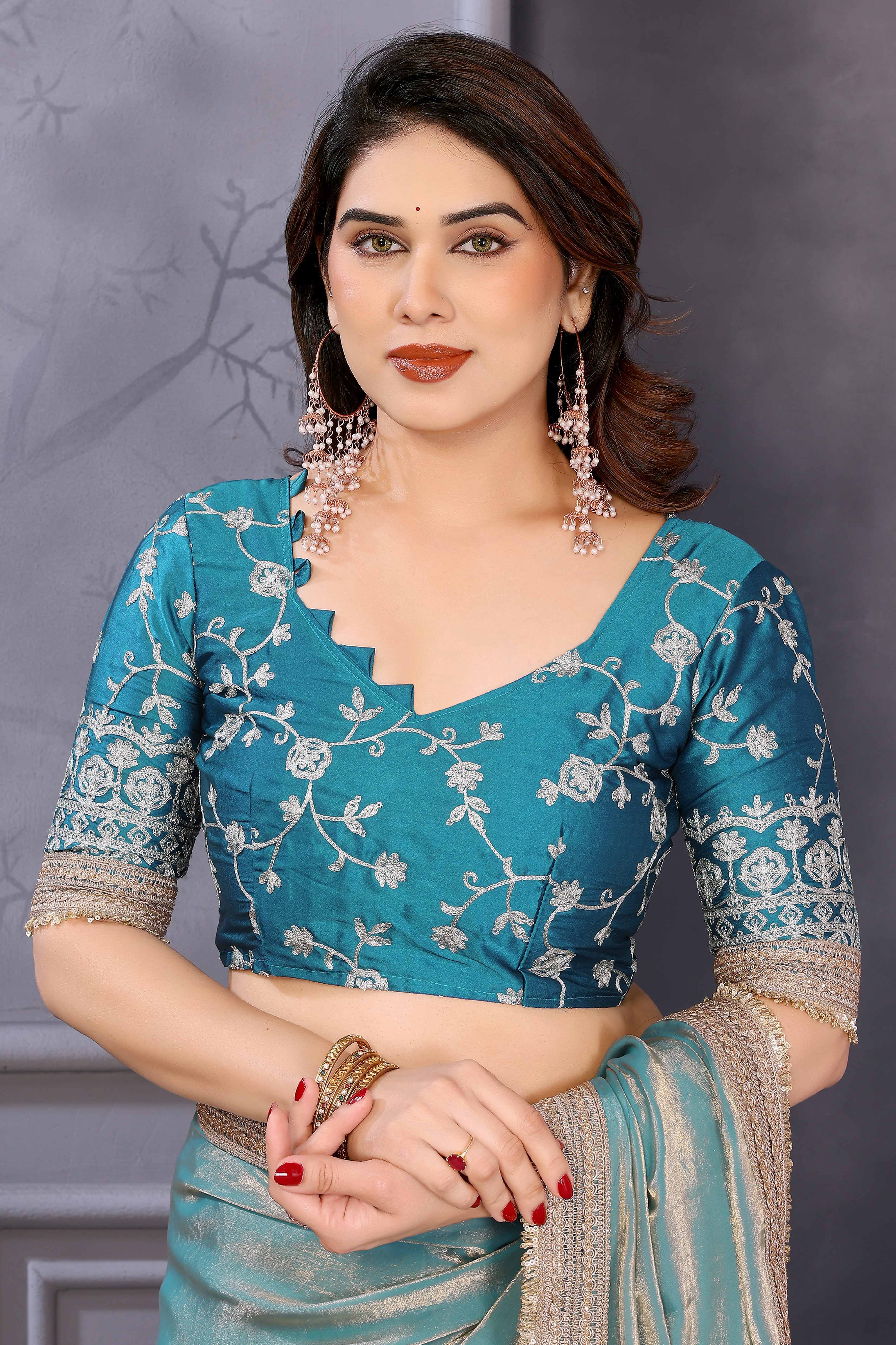 Teal Satin Saree with Solid Body and Decorative Lace Embellished Border – A Modern Ethnic Staple