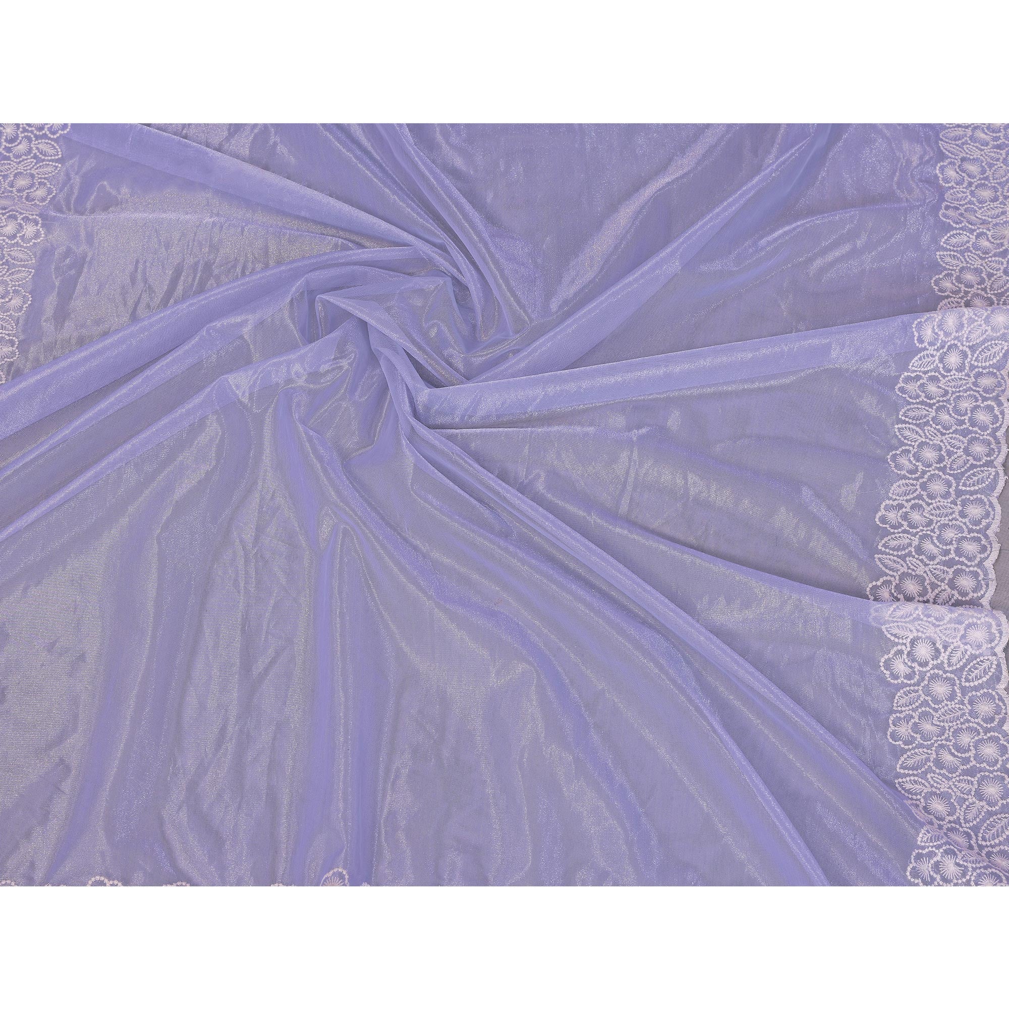Lavender Net Saree with Solid Pattern and Embroidered Border for a Romantic and Light Occasion Look