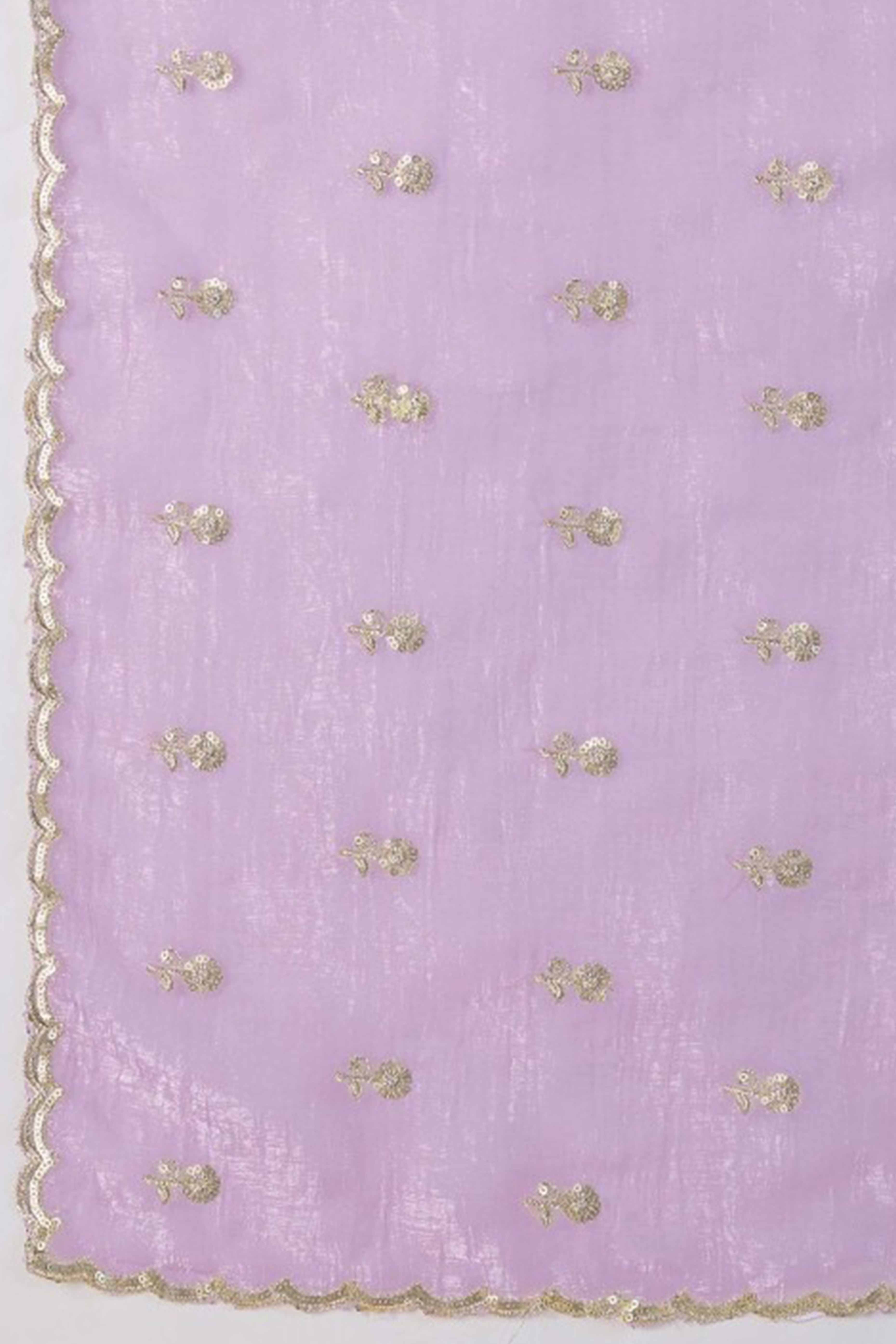 Lavender Crunchy Saree Adorned With Floral Sequins Embroidery & Graceful Border Finish