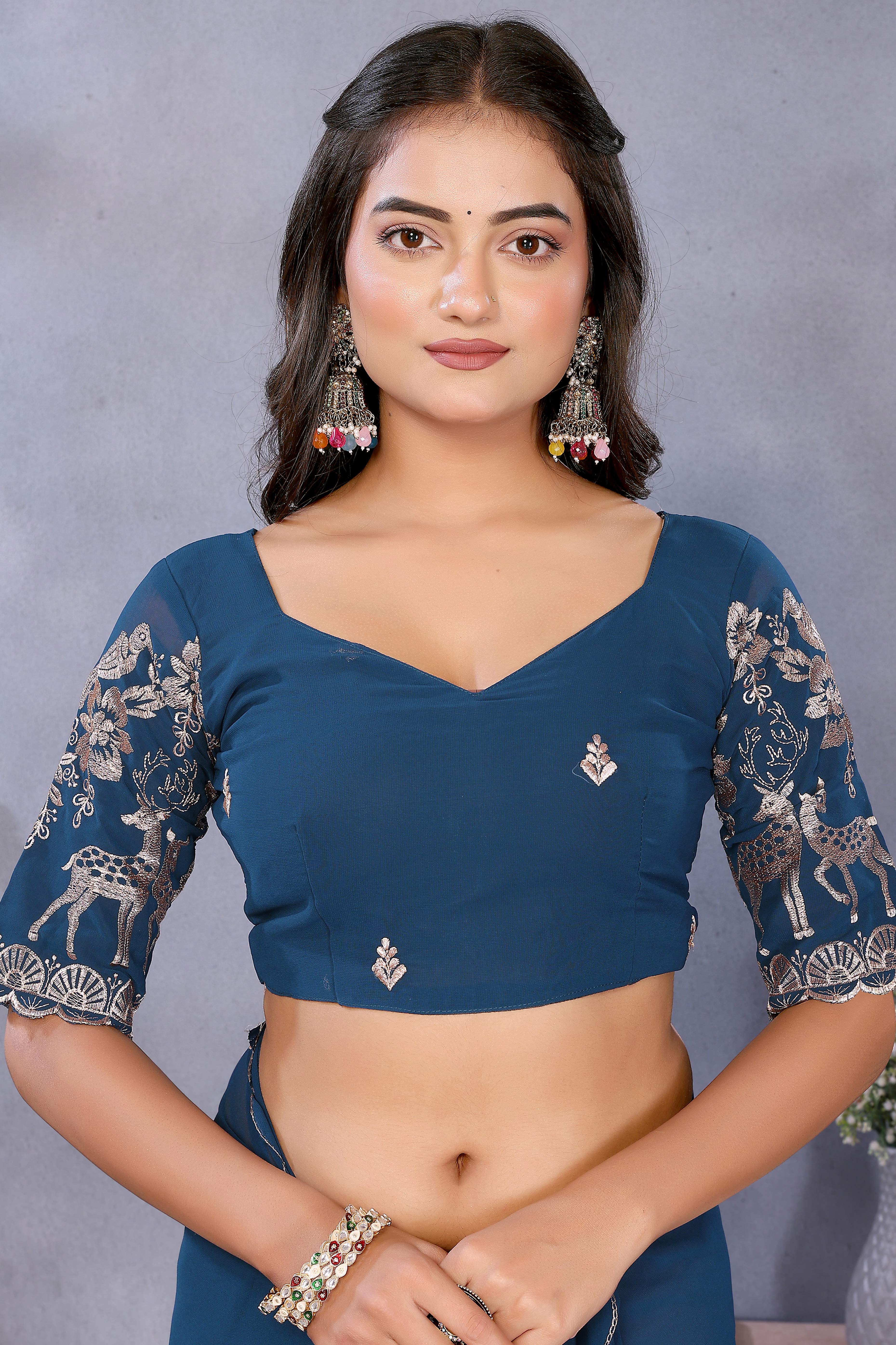 Sophisticated Teal Party Wear Saree in Flowing Georgette Fabric With Embellished Blouse