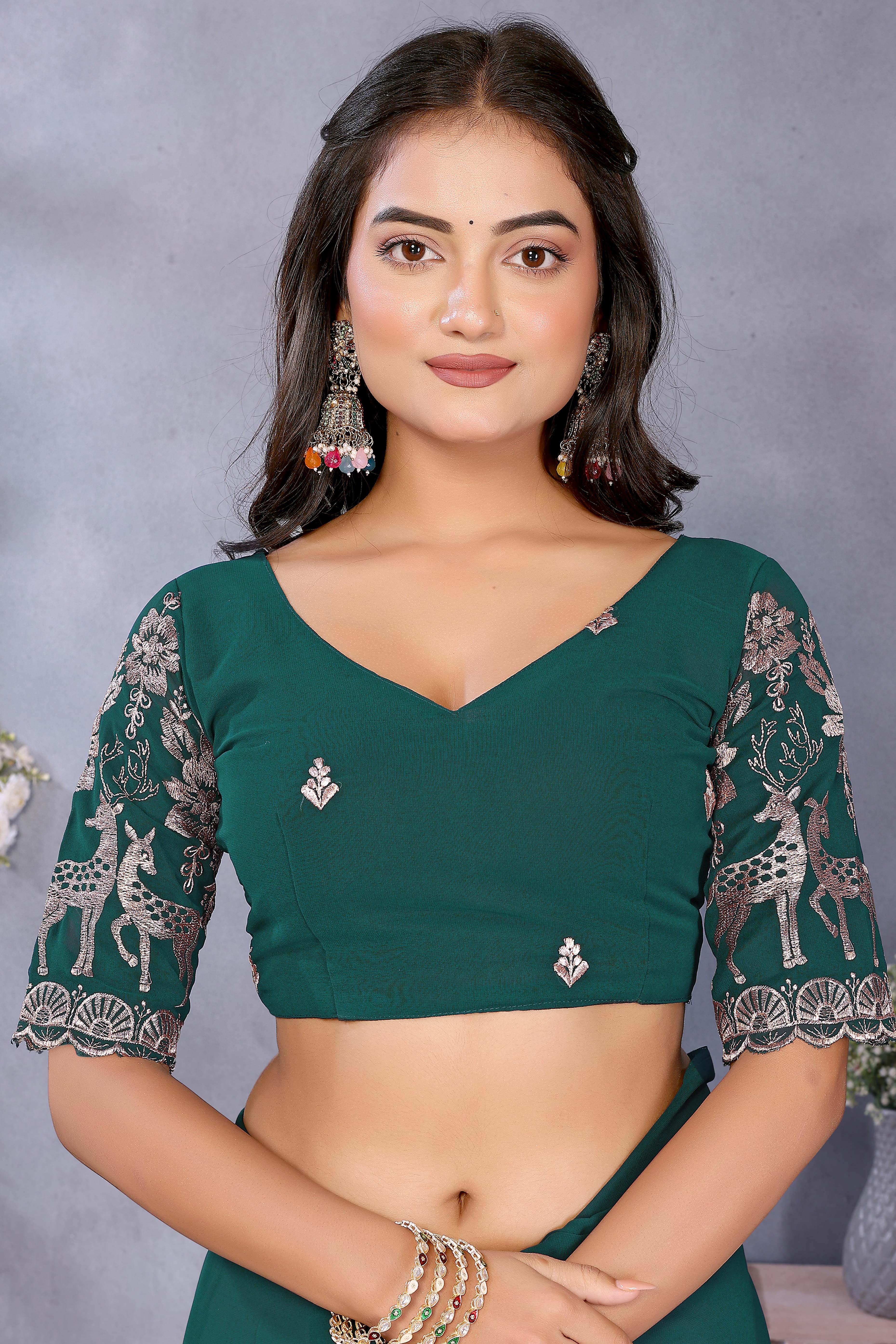Sophisticated Morpich Green Party Wear Saree in Flowing Georgette Fabric With Embellished Blouse