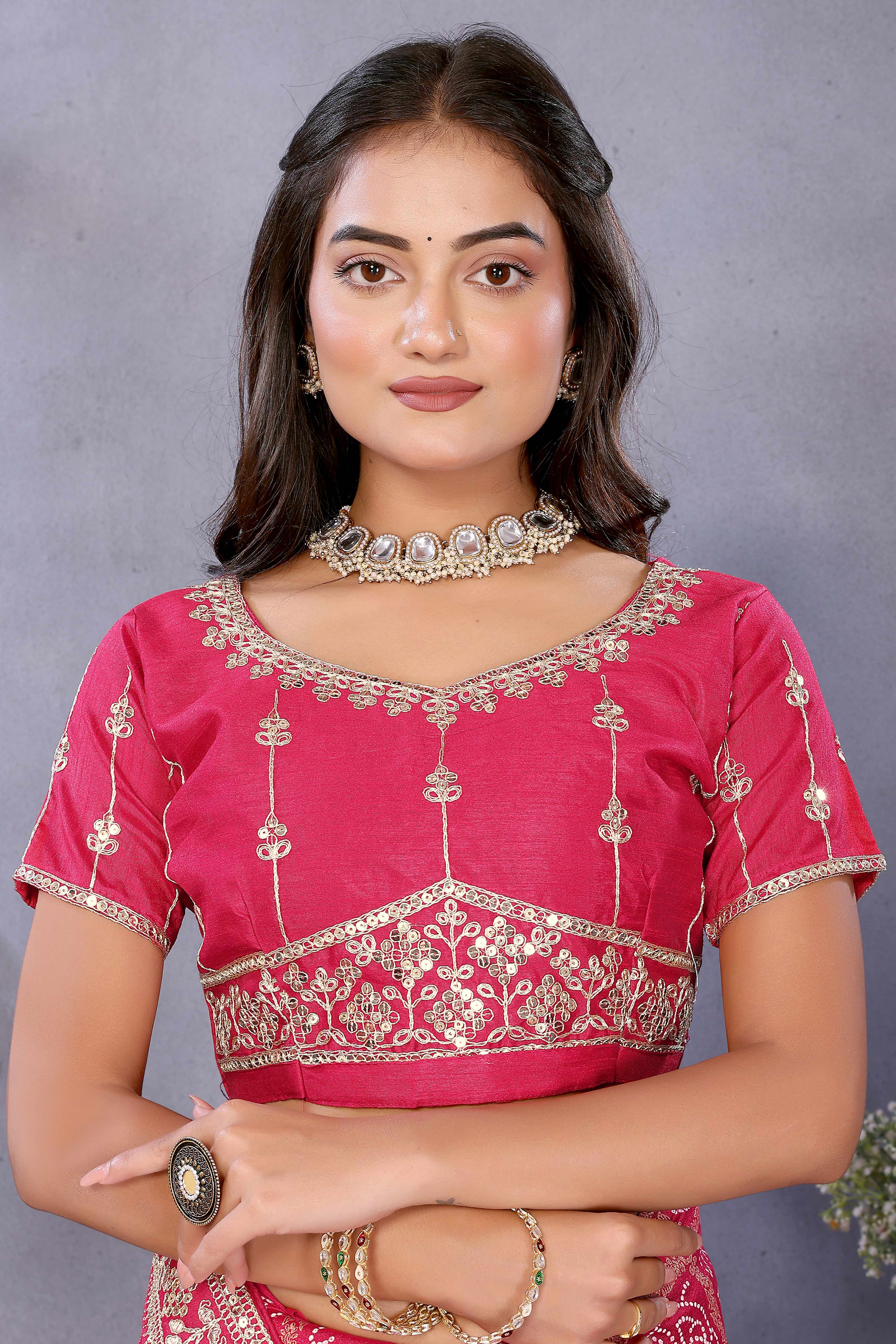 Pink Vichitra Silk Saree Highlighted with Bandhani Print and Sequins Embroidered Border