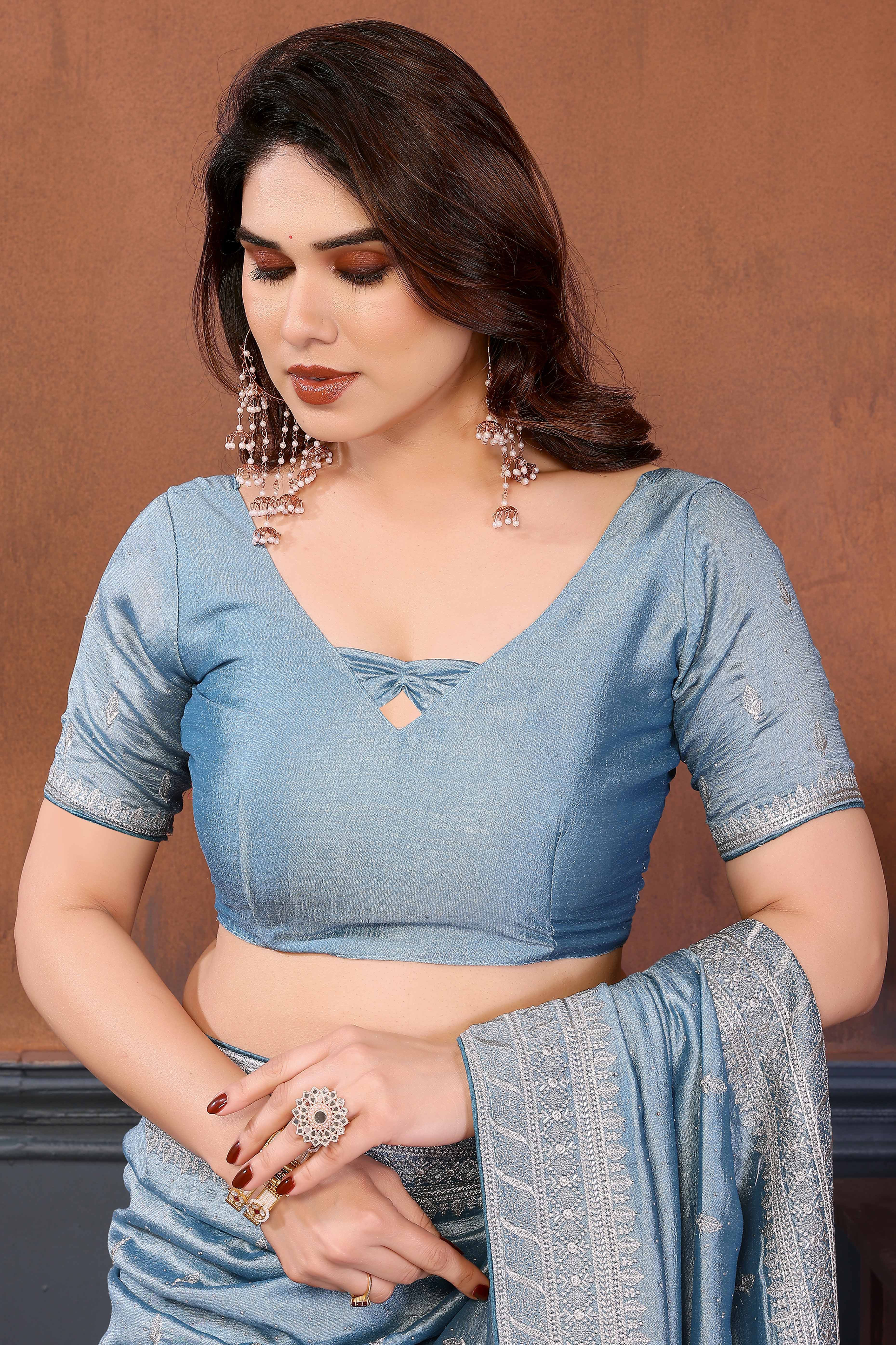 Light Blue Thread Work Embroidered Vichitra Silk Partywear Saree