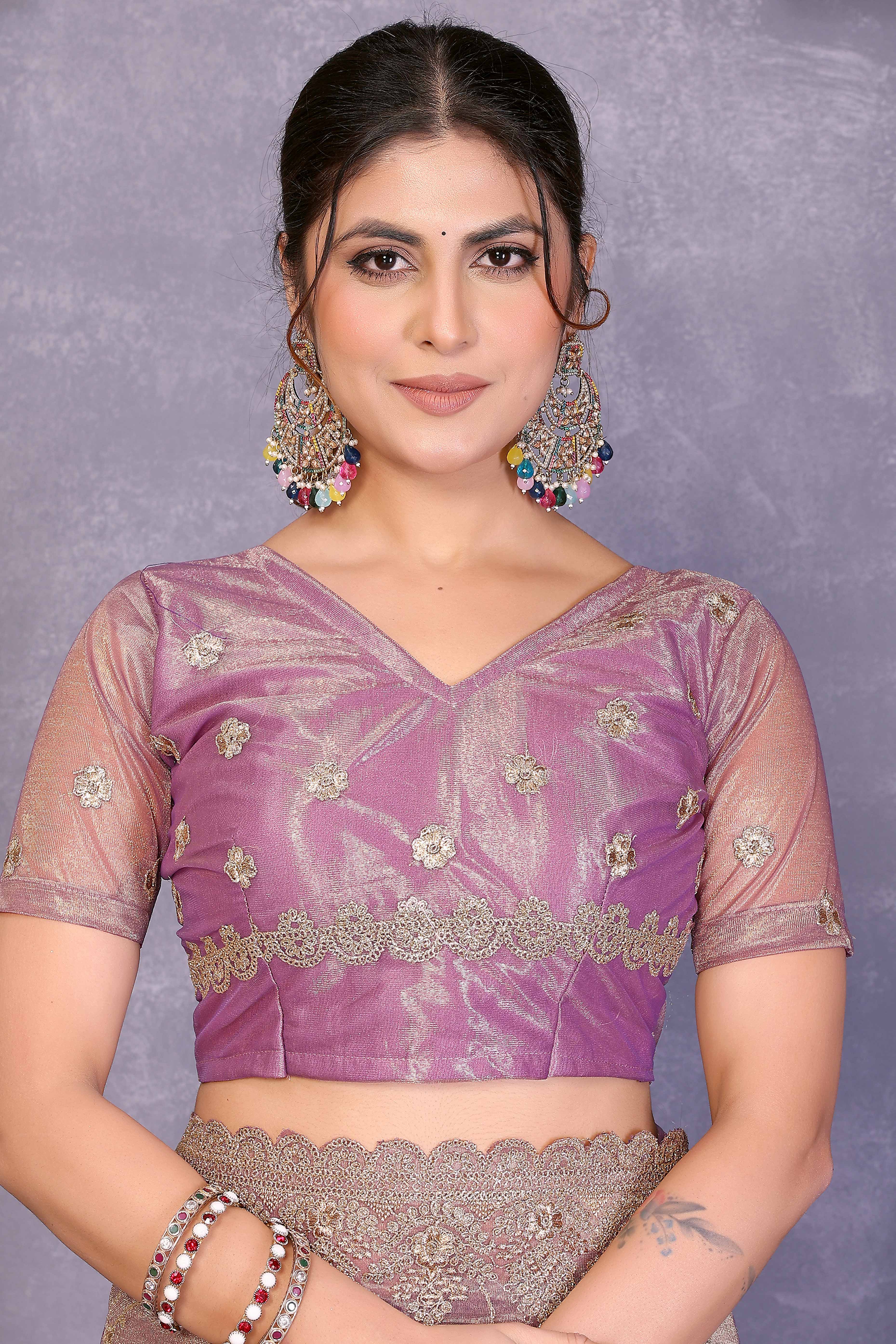 Light Purple Designer Twill Net Saree Enhanced with Delicate Thread Work Embroidery