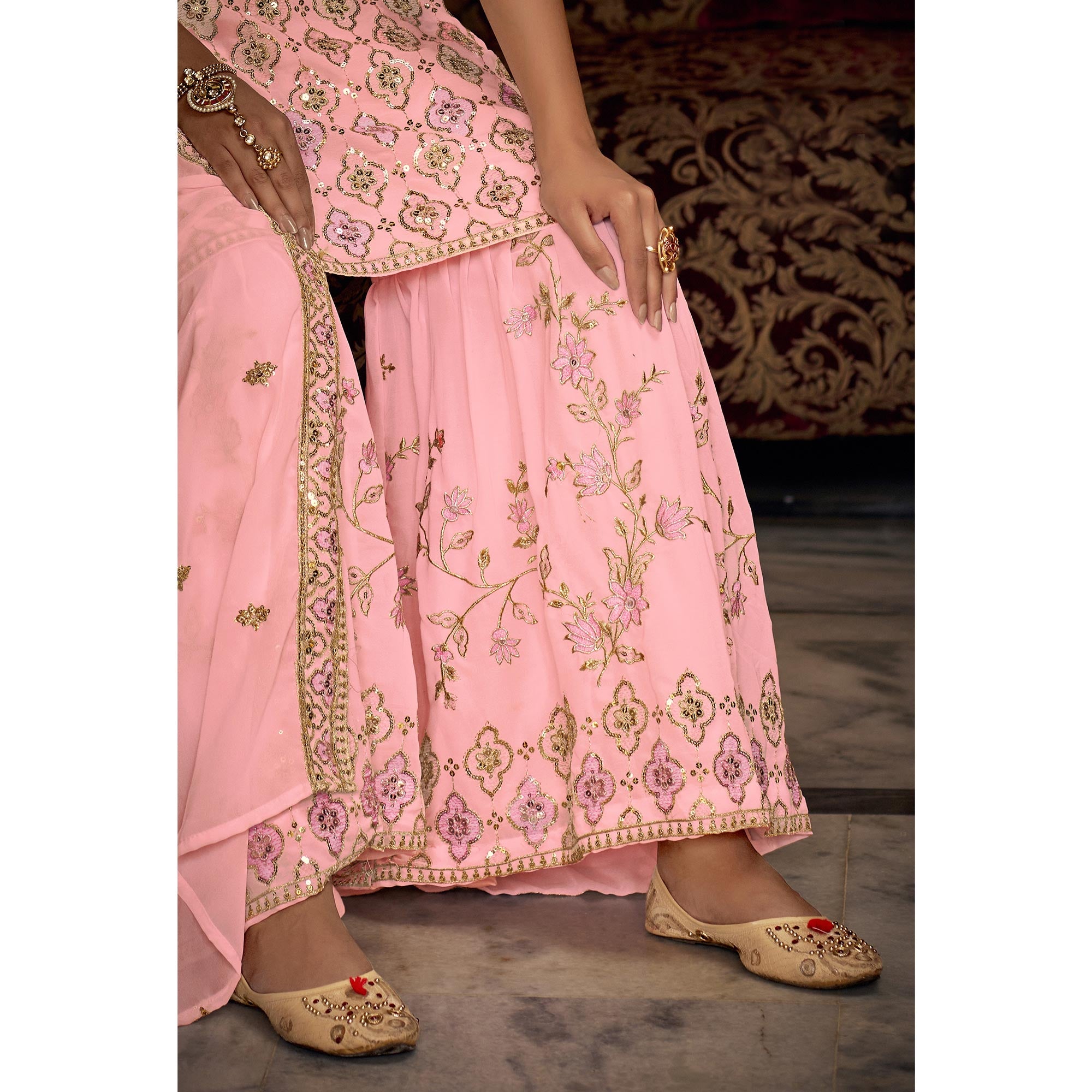 Pink Sequins Embroidered Georgette Semi Stitched Suit
