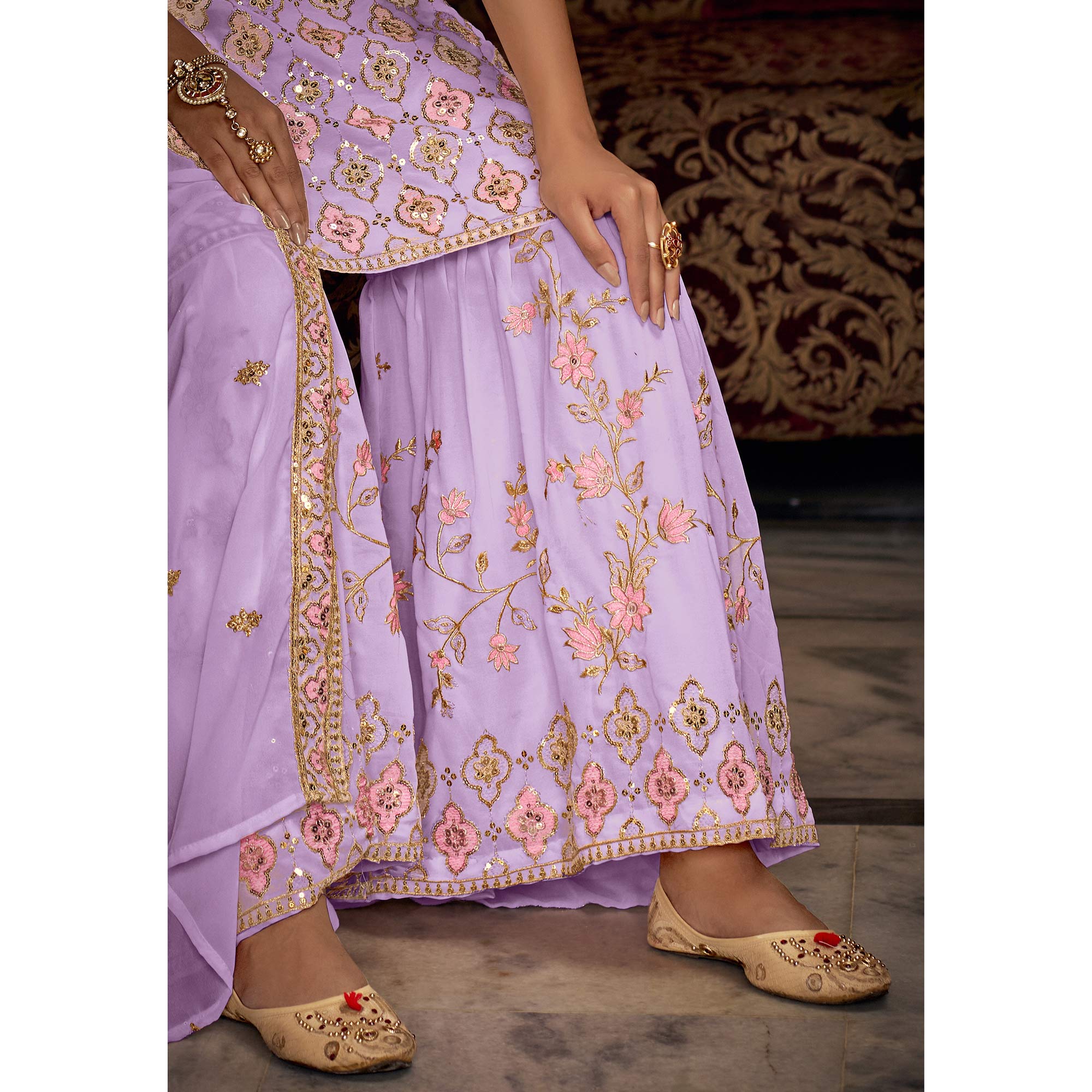 Light Purple Sequins Embroidered Georgette Semi Stitched Suit