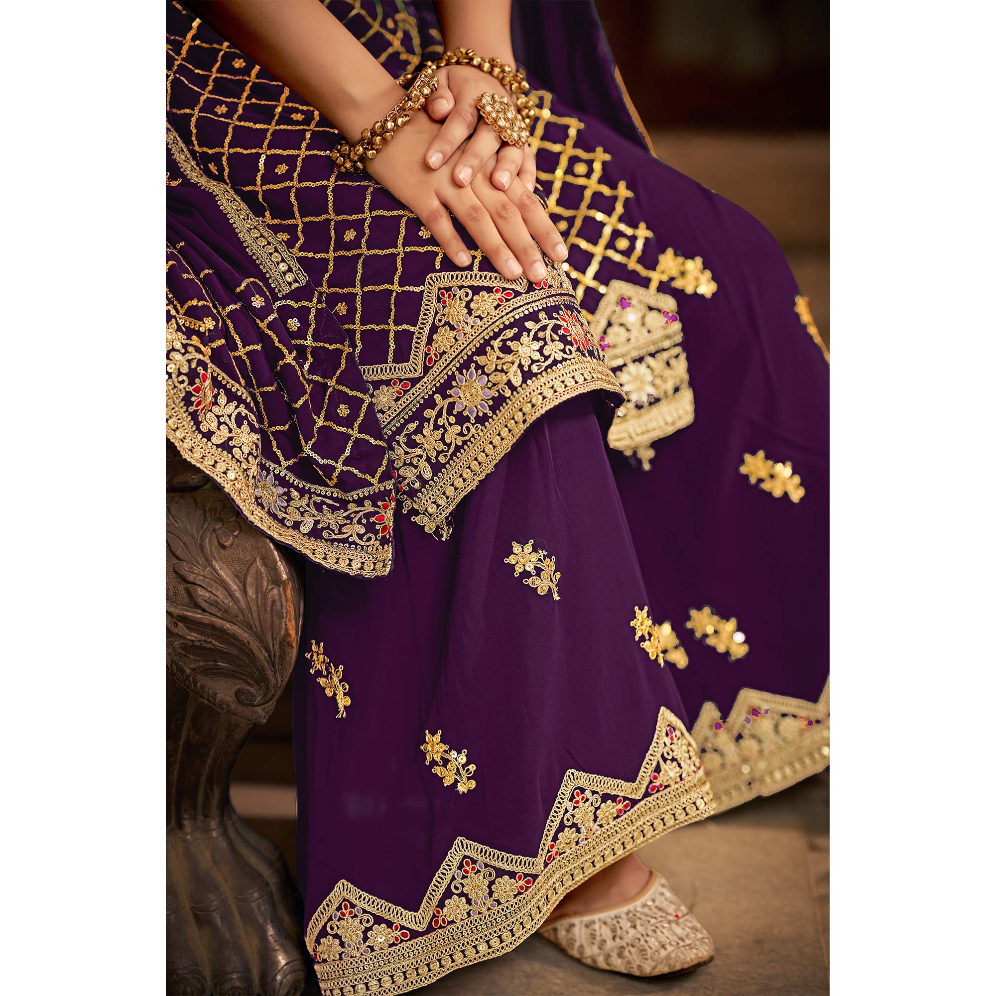 Purple Sequins Embroidered Chinon Semi Stitched Suit