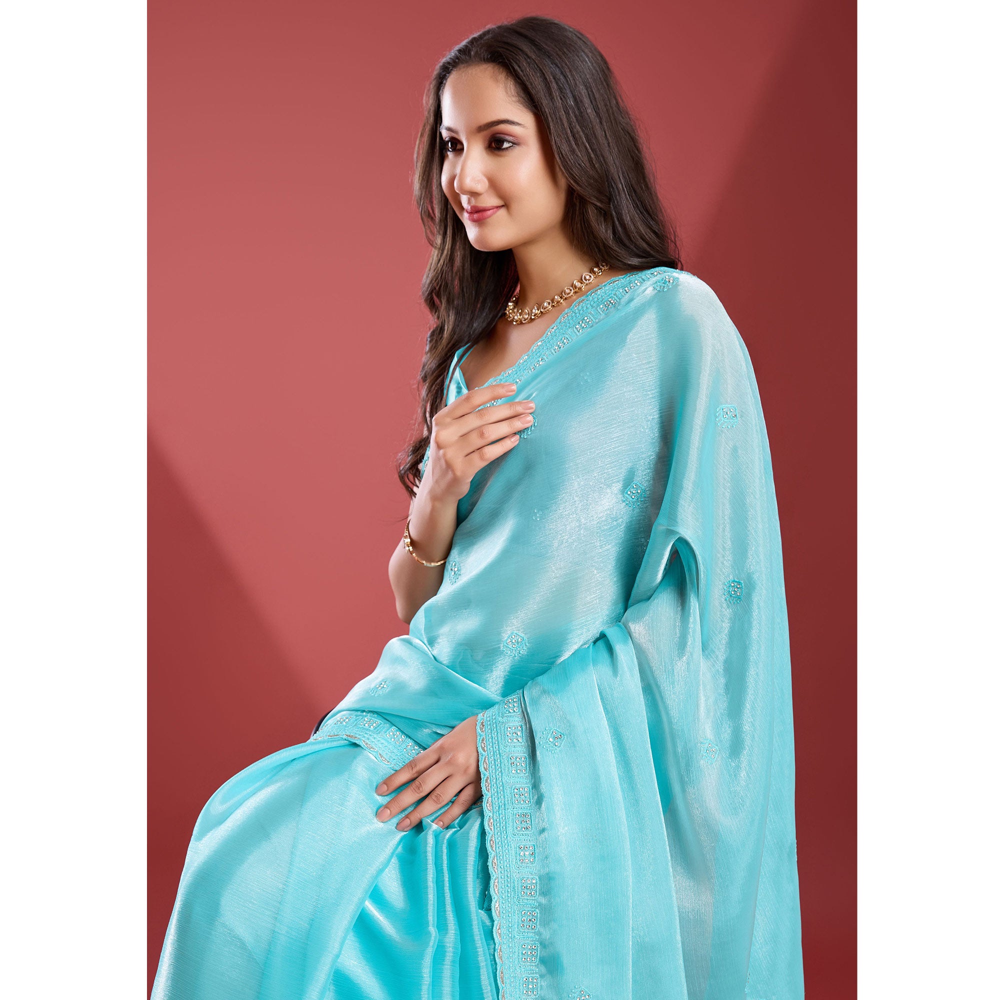 Turquoise Embroidered Work Tissue Saree