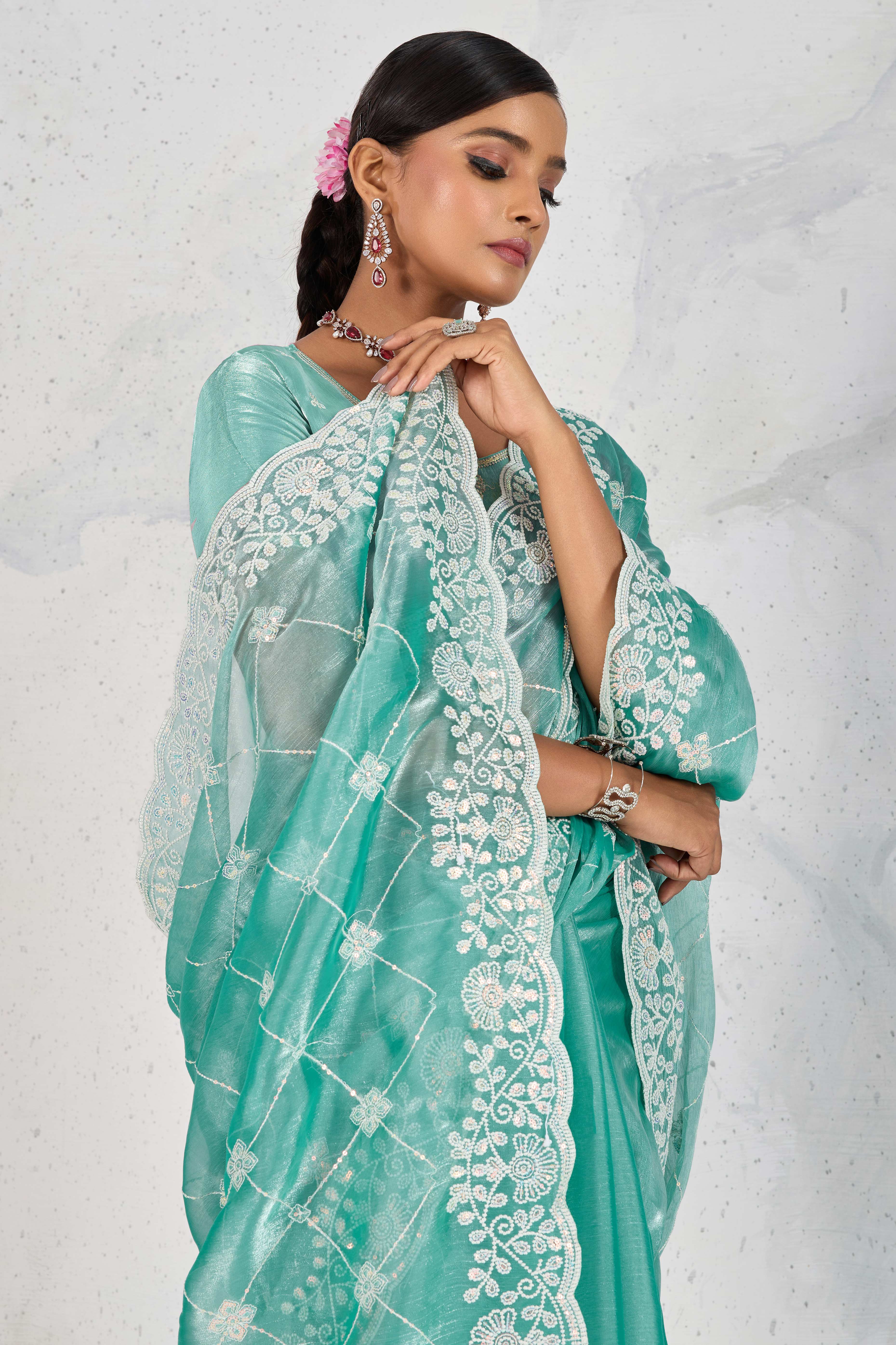 Turquoise Silk Saree with Dazzling Sequin Embroidery