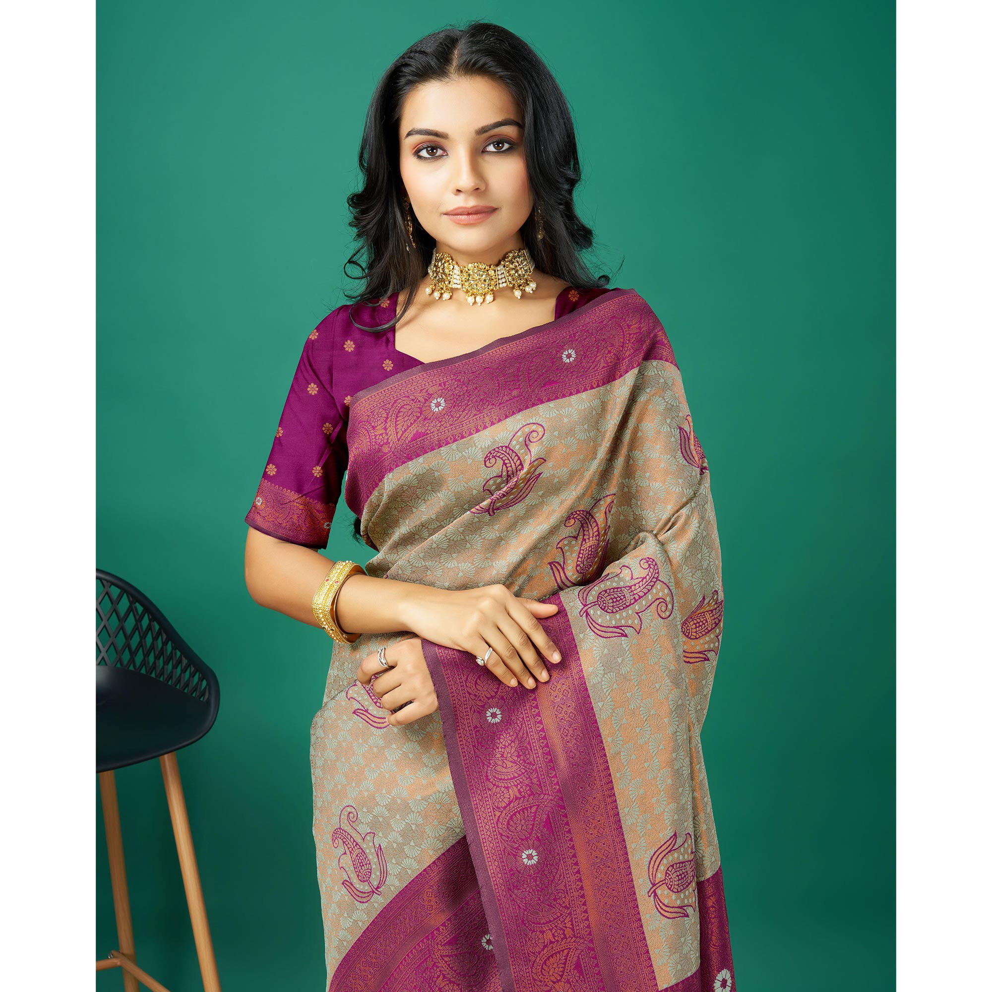 Blush Pink Zari Stripes Banarasi Silk Saree With Designer Blouse