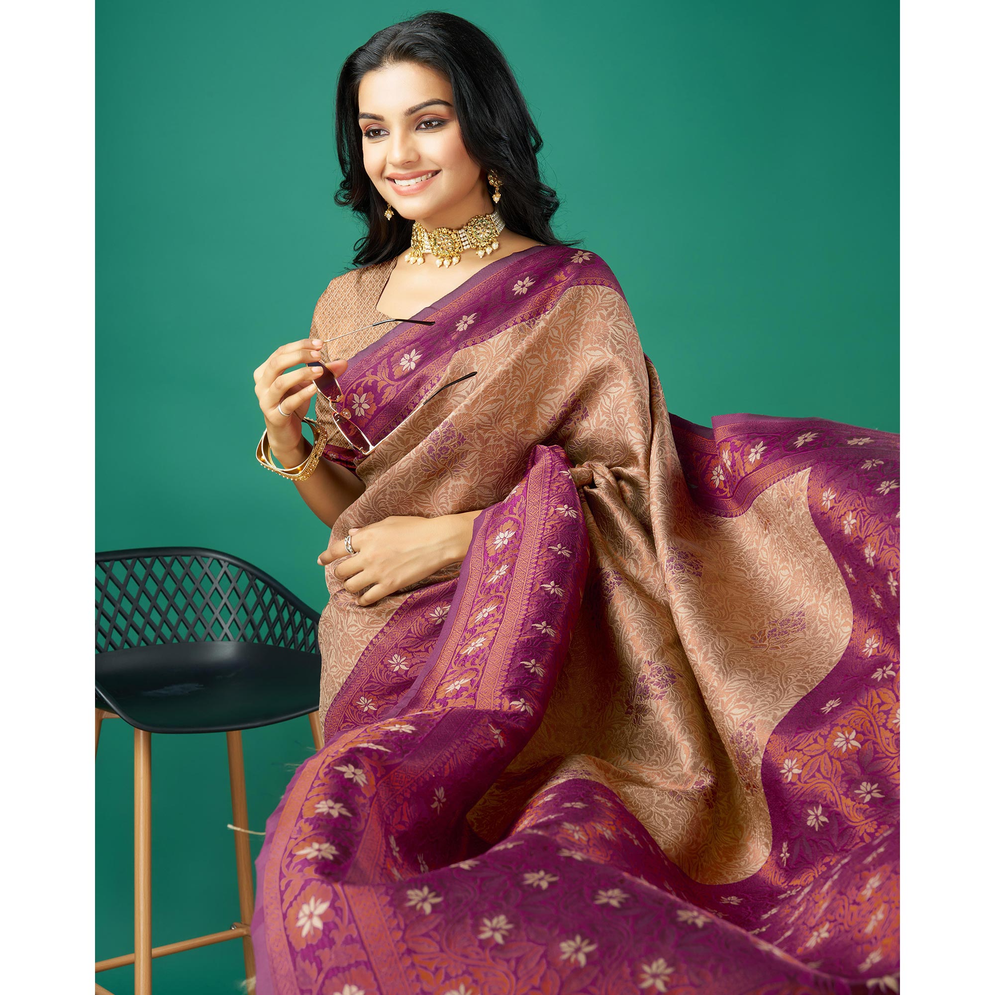 Chikoo Zari Woven Banarasi Silk Saree With Tassels