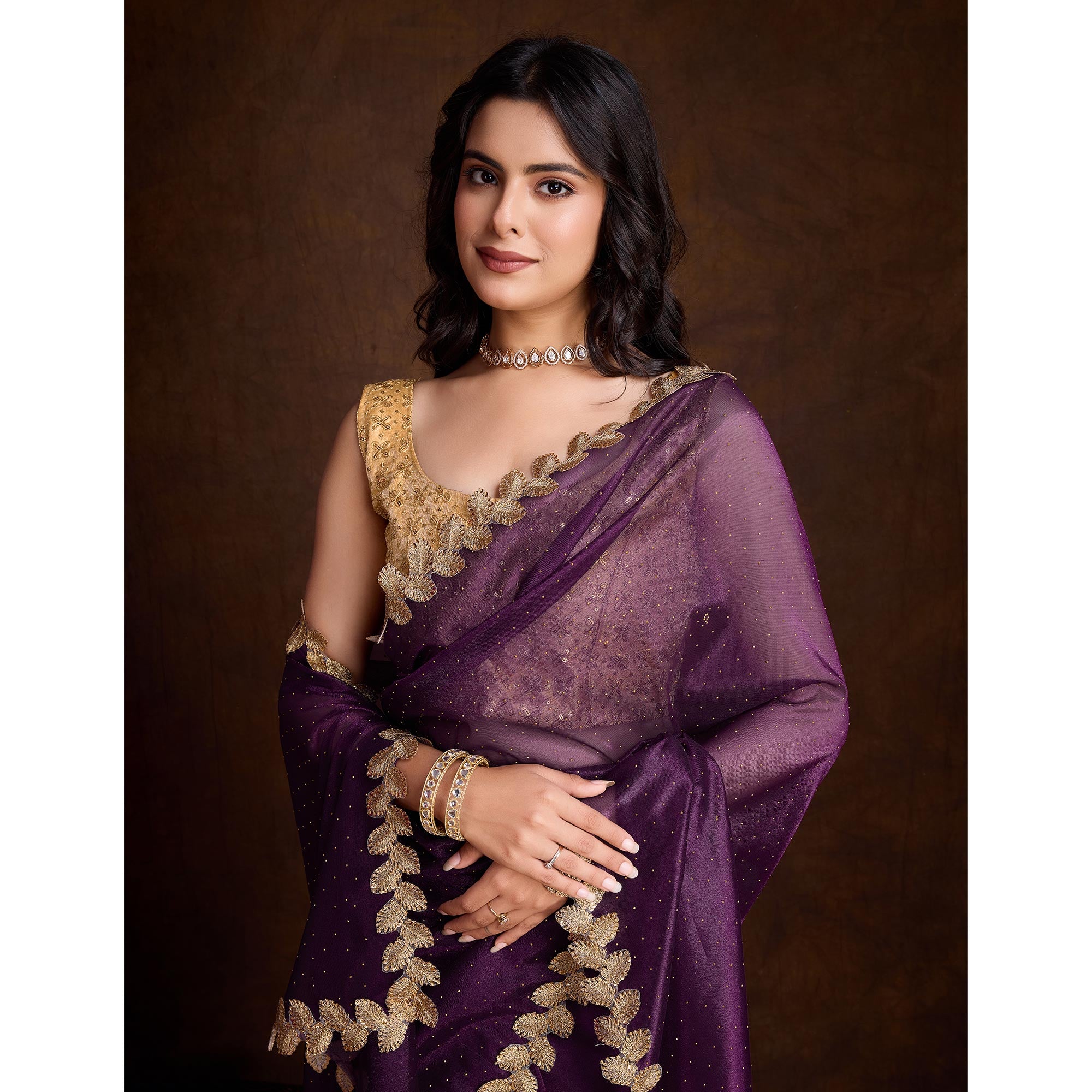 Wine Swarovski Work Shimmer Net Saree