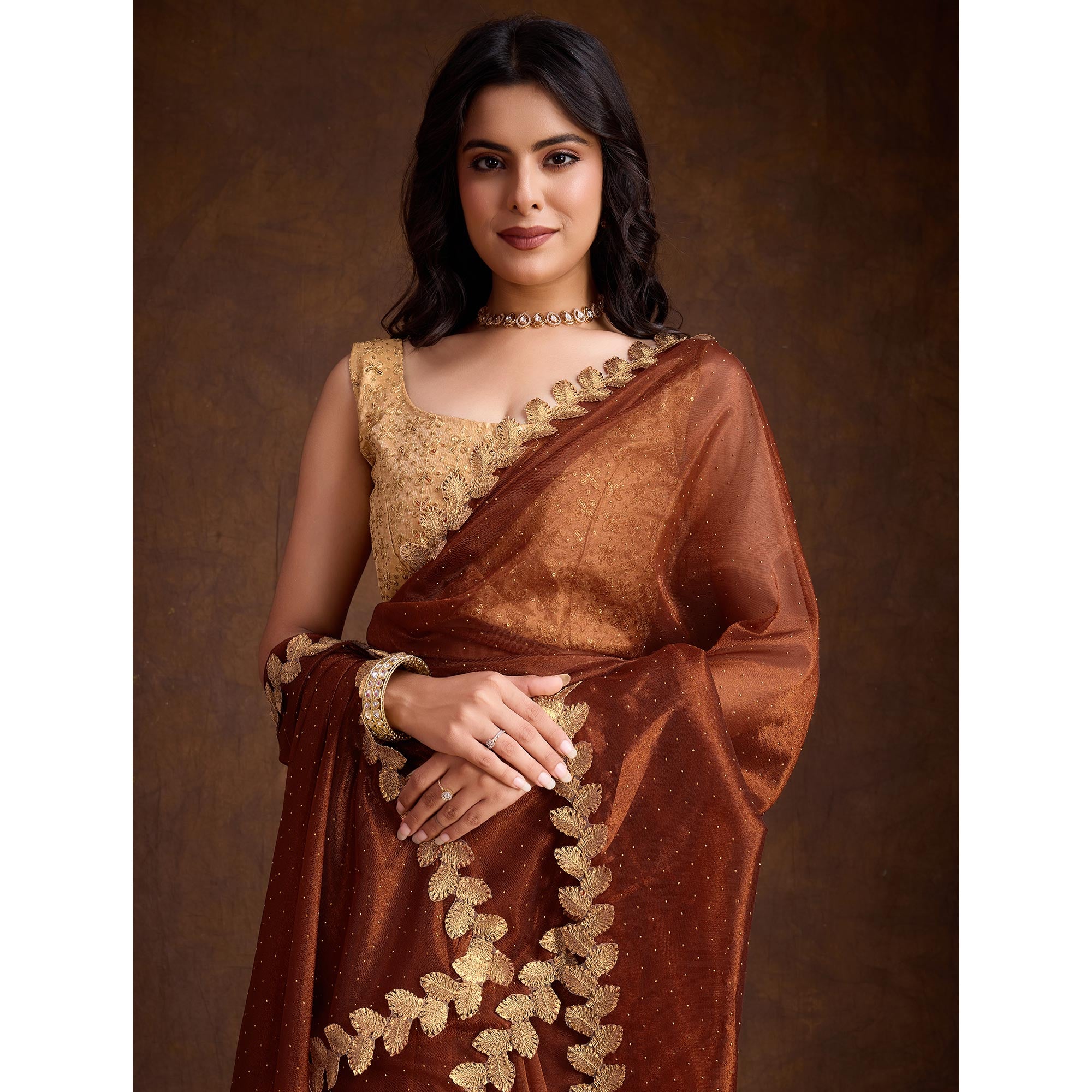 Brown Swarovski Work Shimmer Net Saree