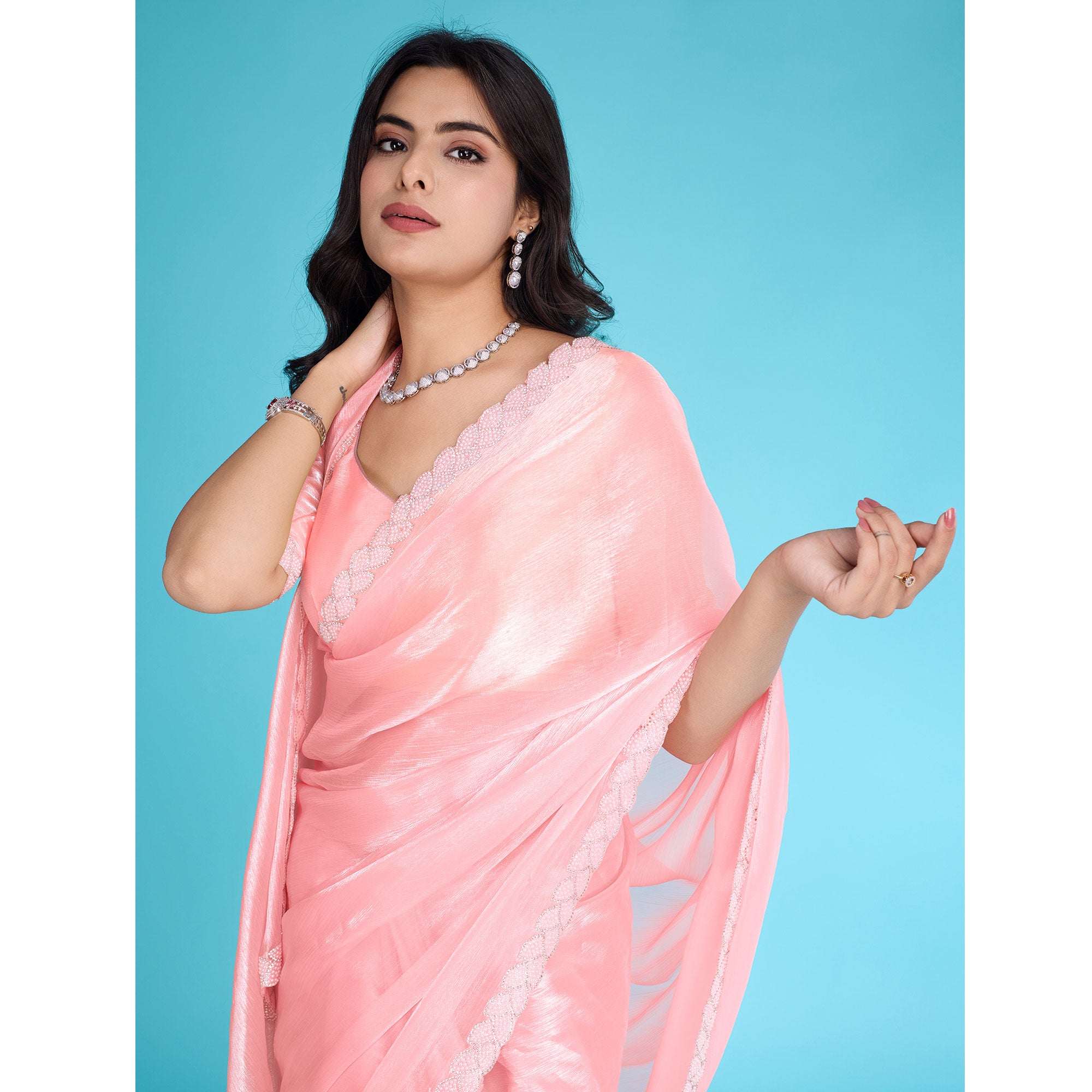 Peach Solid With Zarkan & Ceramic Pearl Diamond Lace Tissue Saree