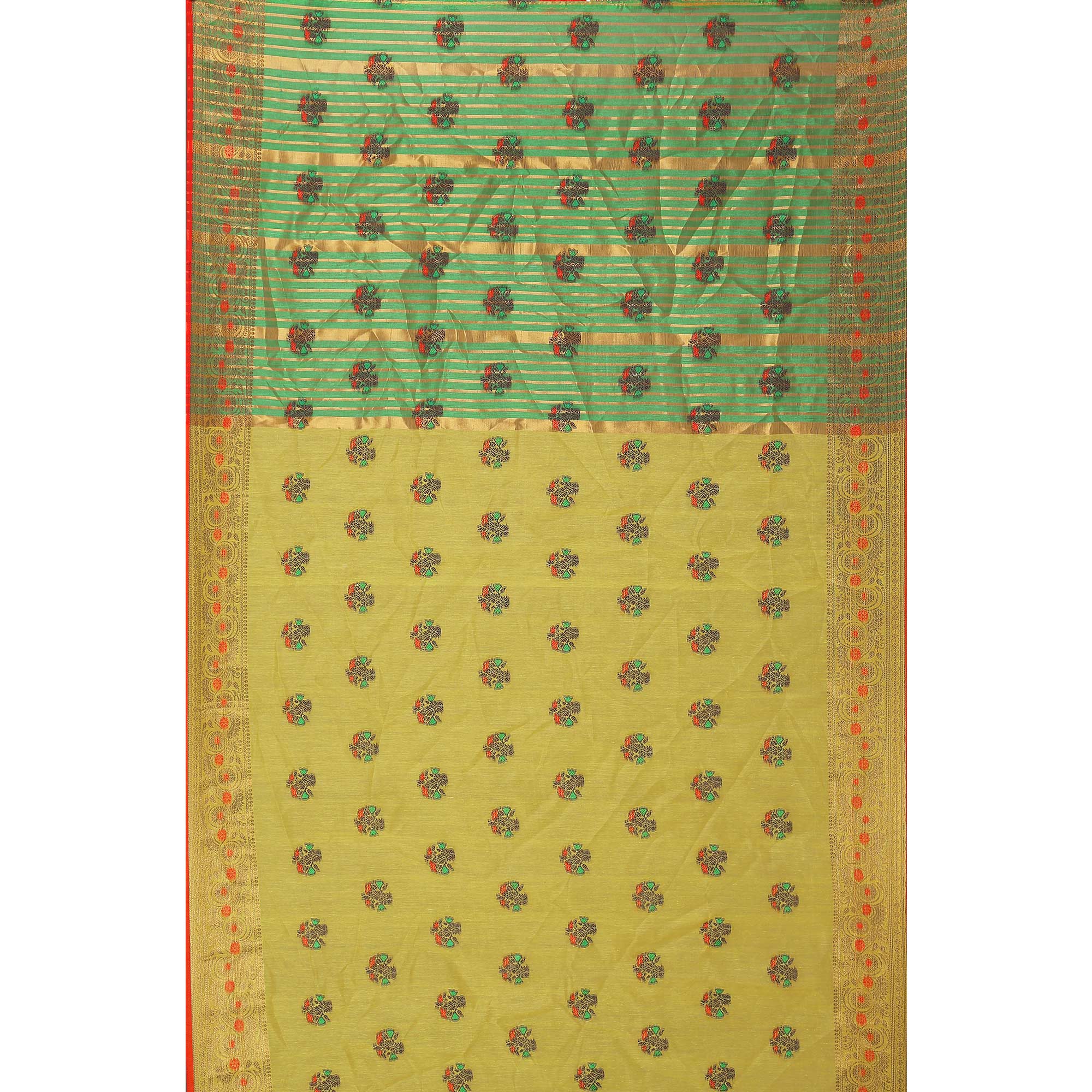 Lime Green Floral Woven Cotton Silk Saree With Tassels