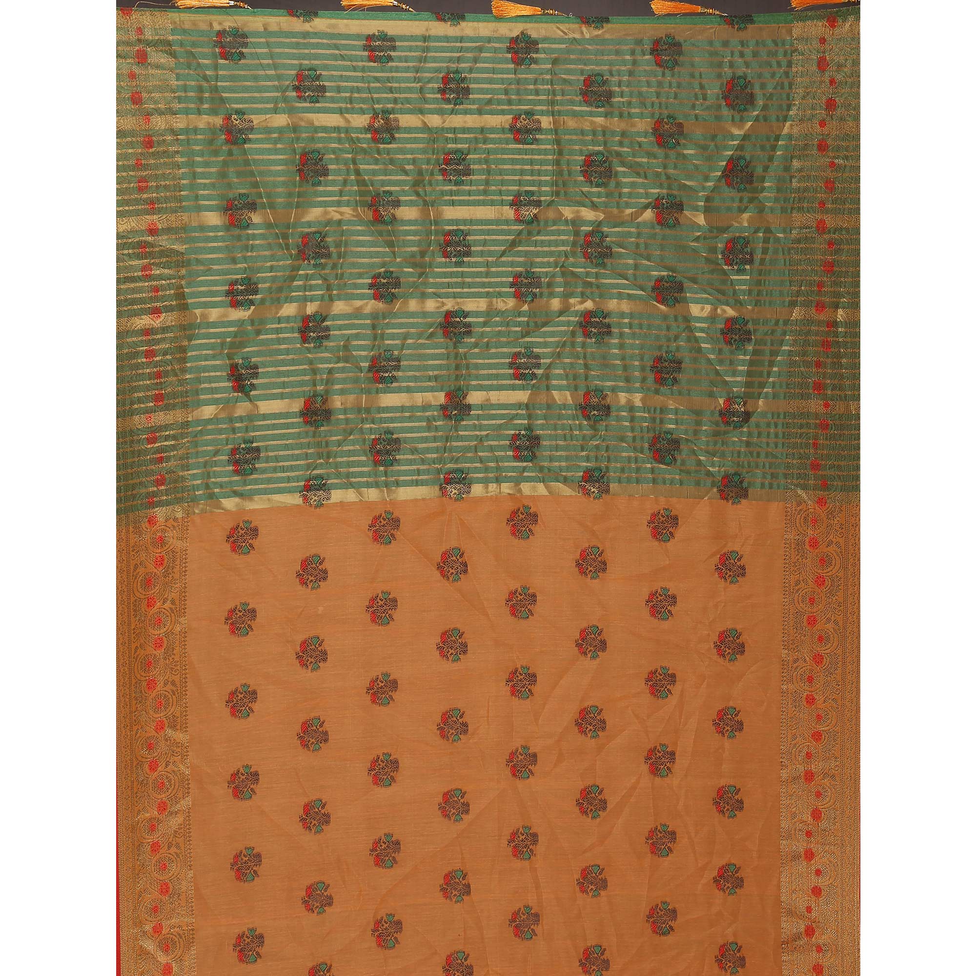 Orange Floral Woven Cotton Silk Saree With Tassels