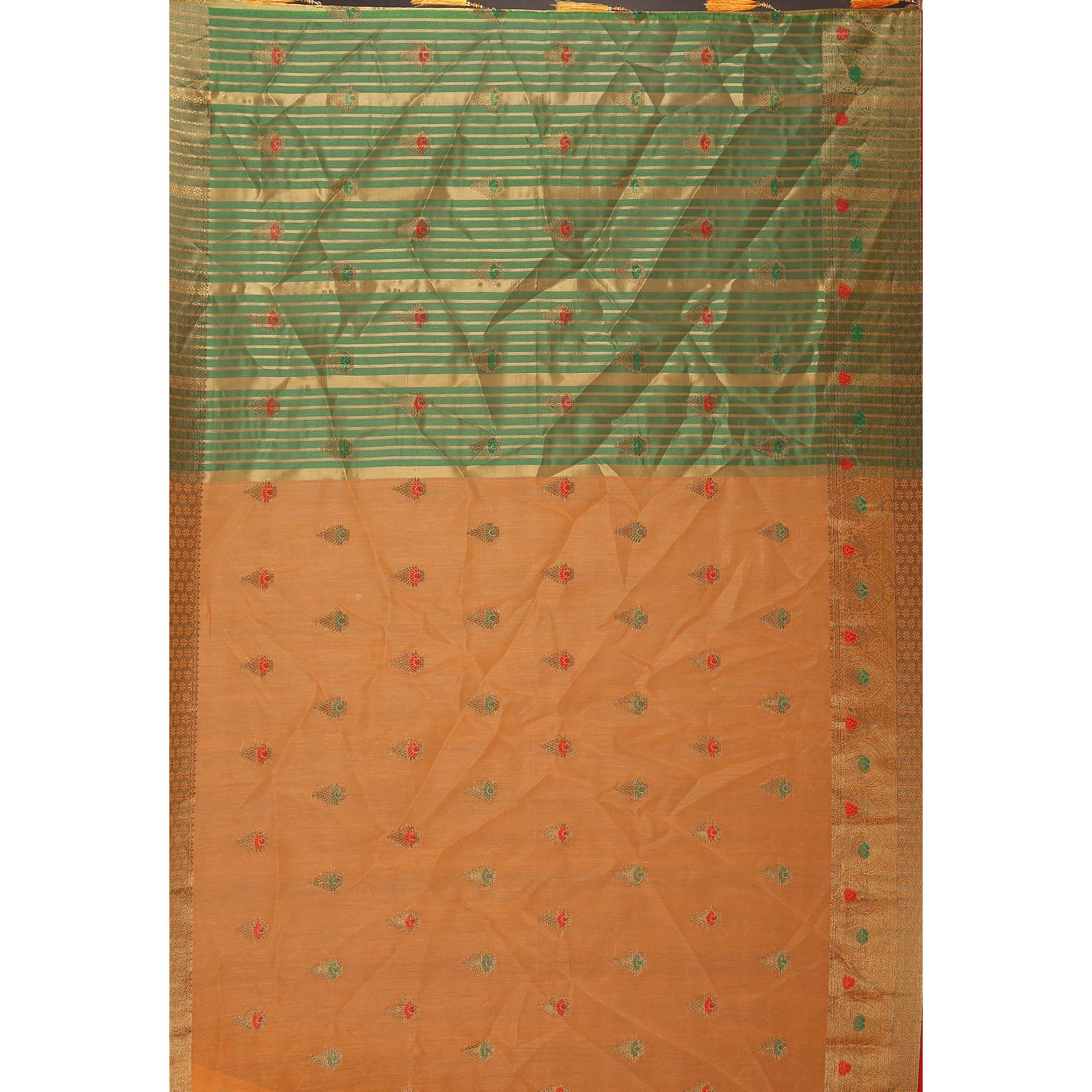 Orange Floral Woven Cotton Silk Saree With Tassels