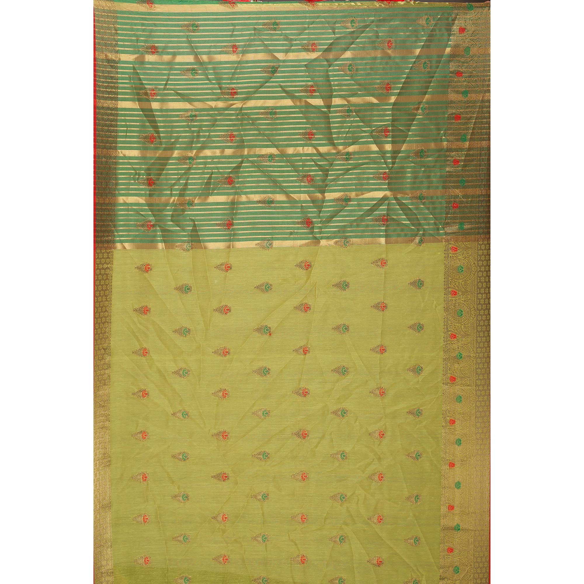 Lime Green Floral Woven Cotton Silk Saree With Tassels