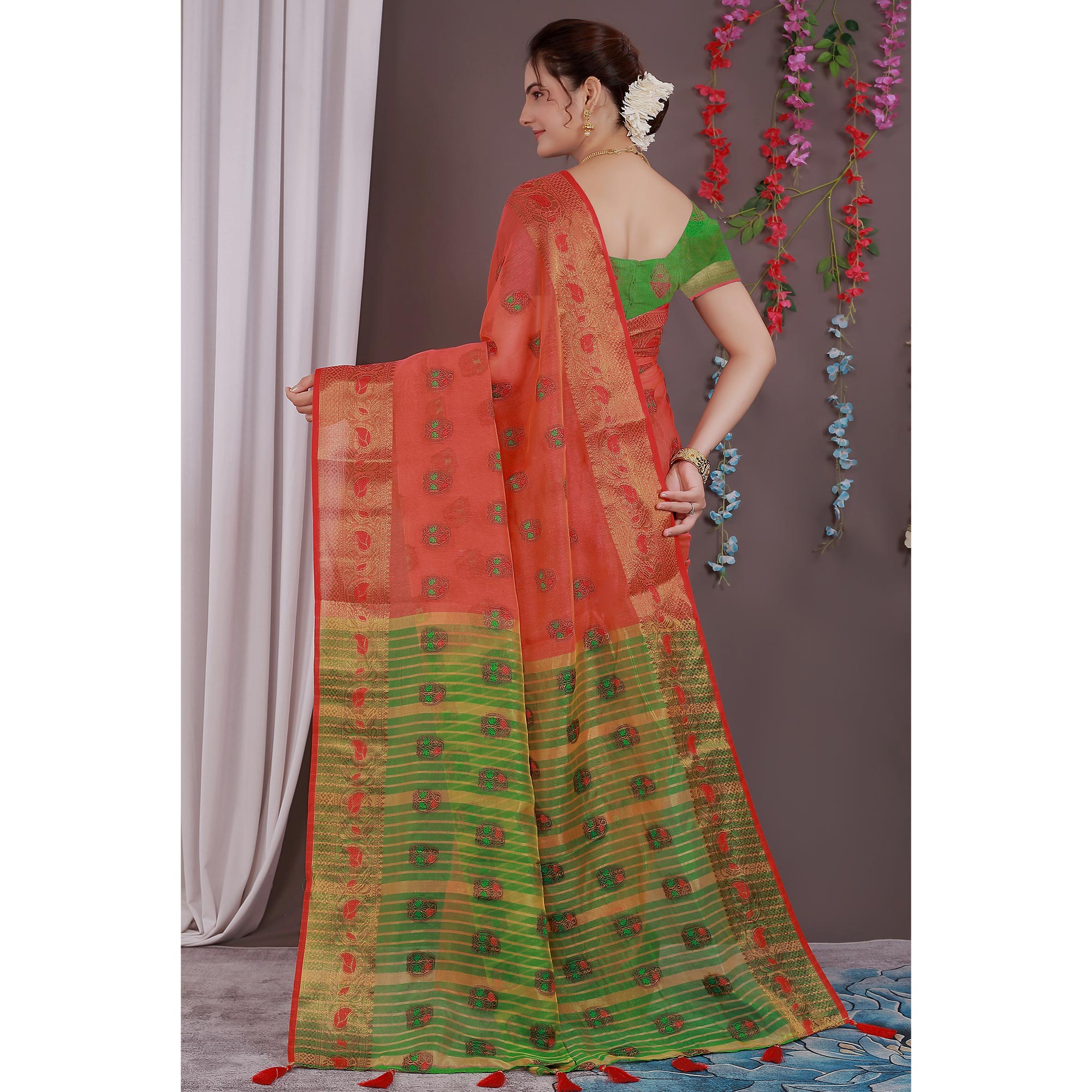 Red Floral Woven Cotton Silk Saree With Tassels