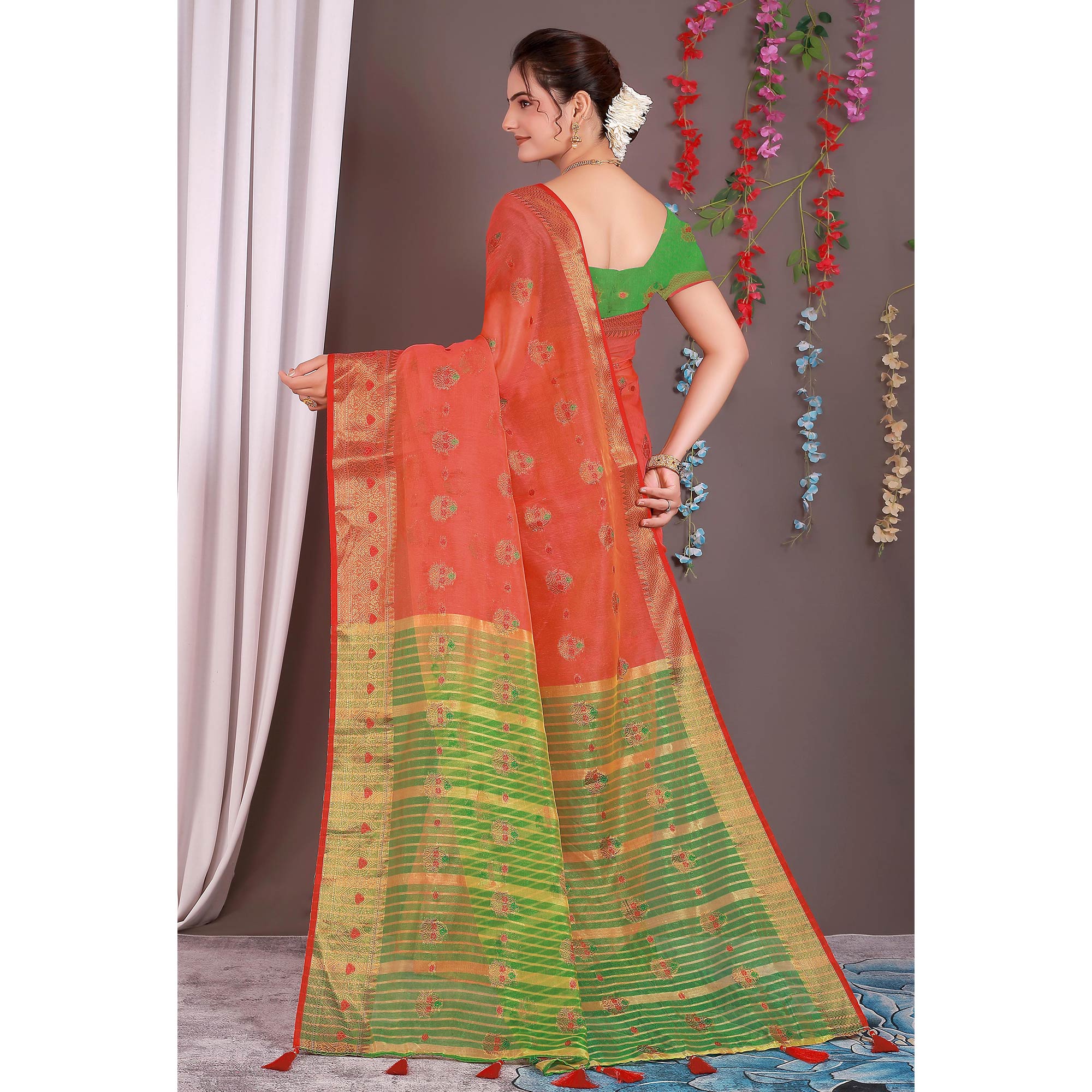 Red Floral Woven Cotton Silk Saree With Tassels