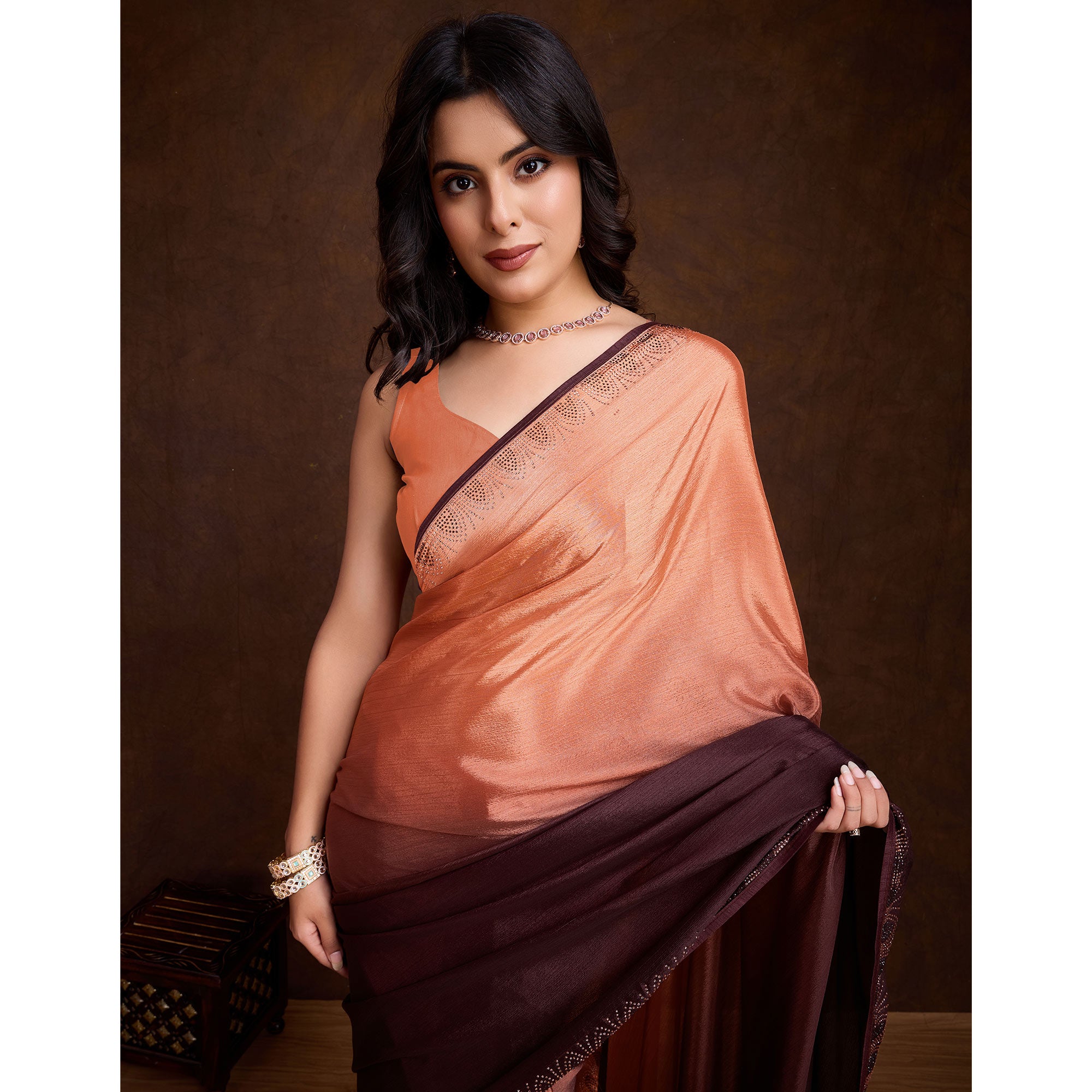 Peach & Brown Swarovski Border Work Chinon Ombre Saree
