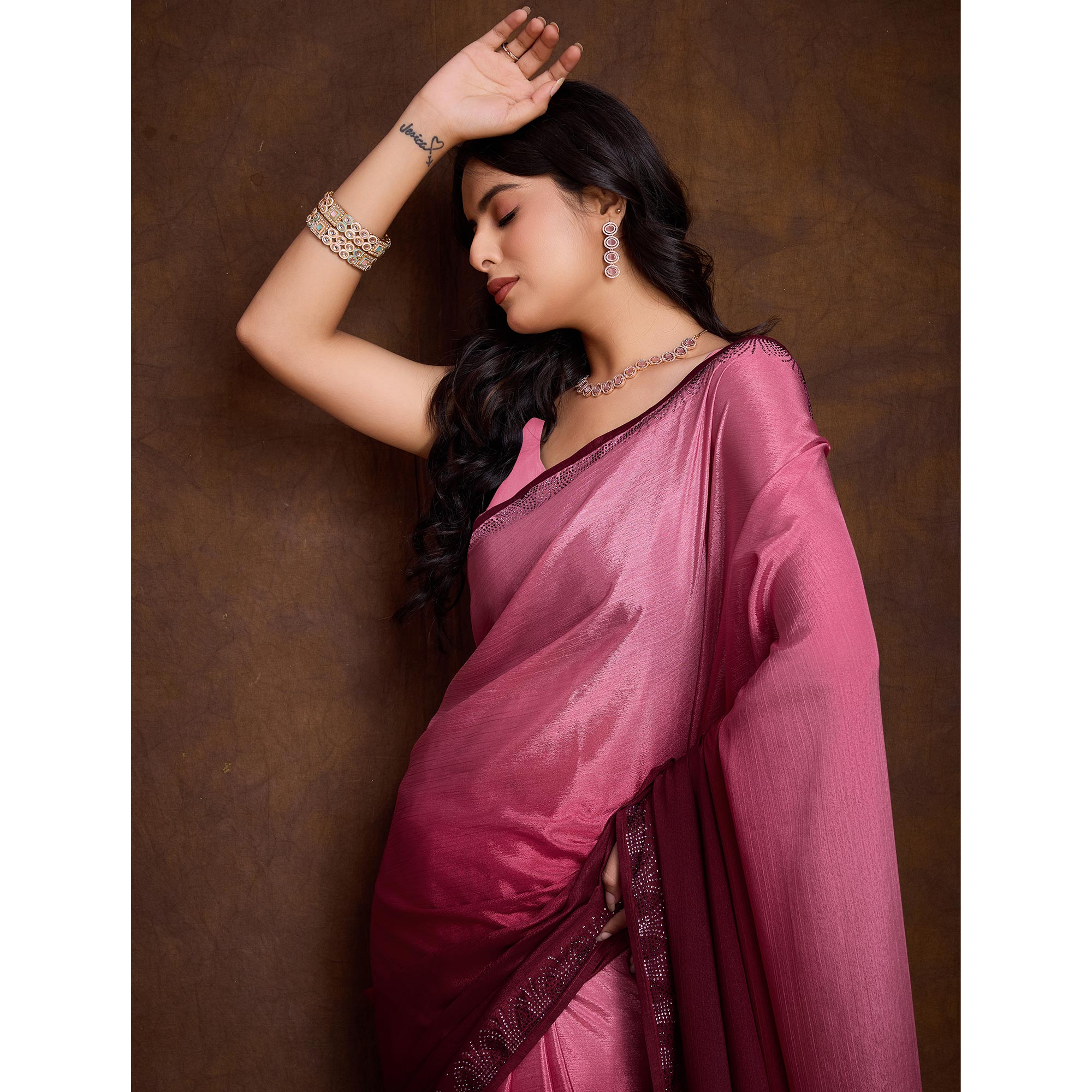 Pink Swarovski Border Work Chinon Ombre Saree
