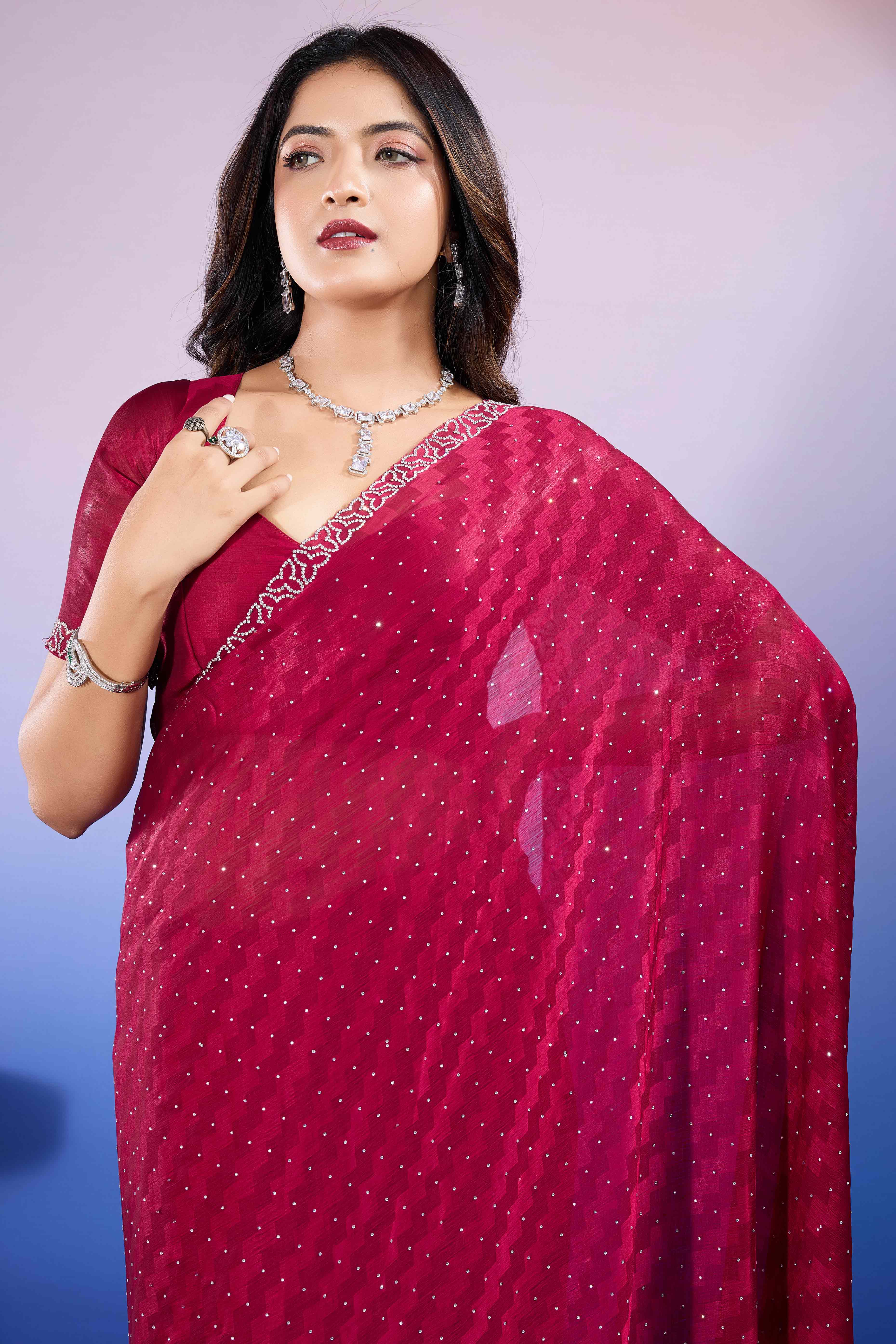 Cherry Red Diamond Zarkan Handwork Satin Chiffon Saree