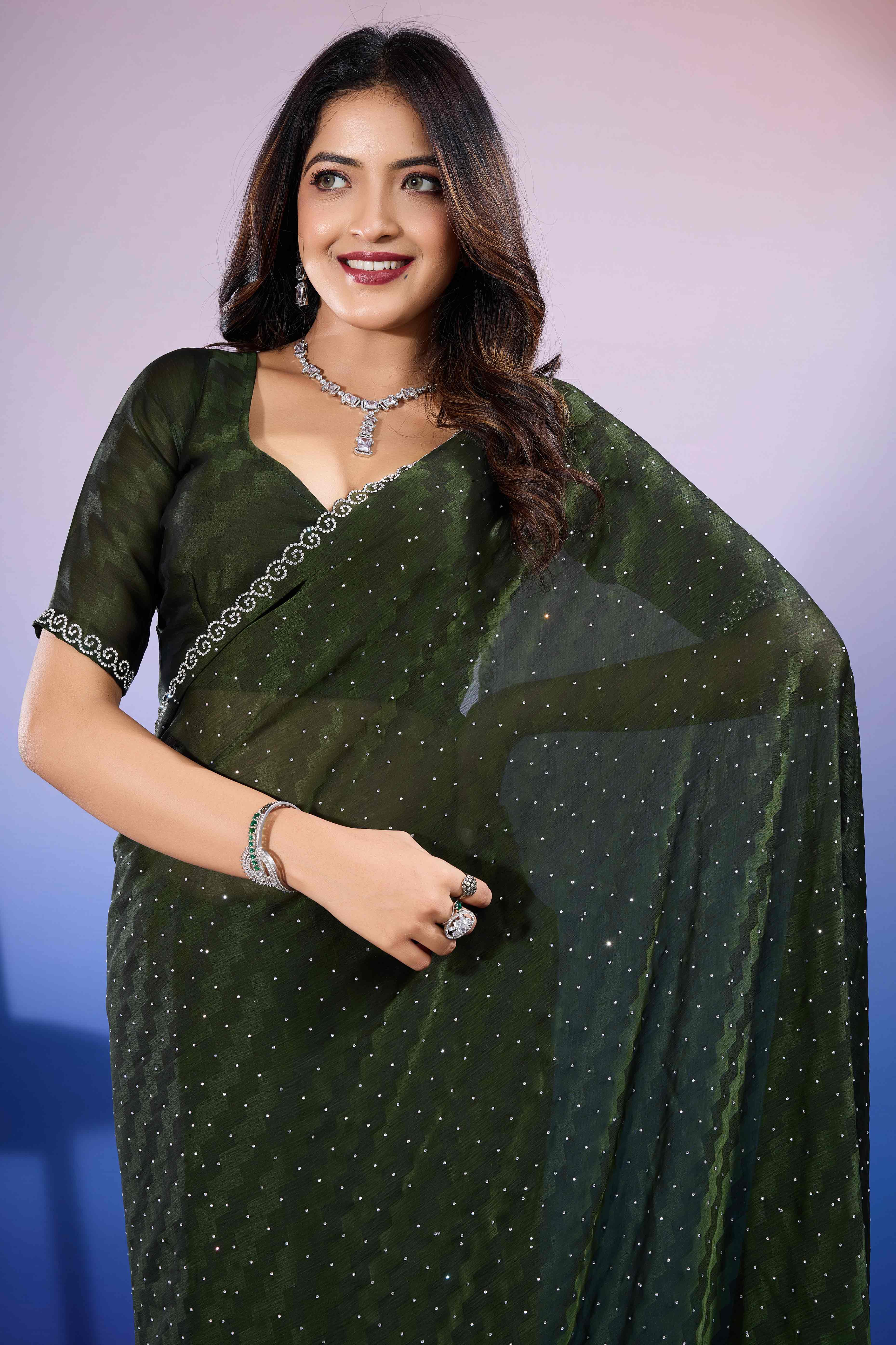 Bottle Green Diamond Zarkan Handwork Satin Chiffon Saree