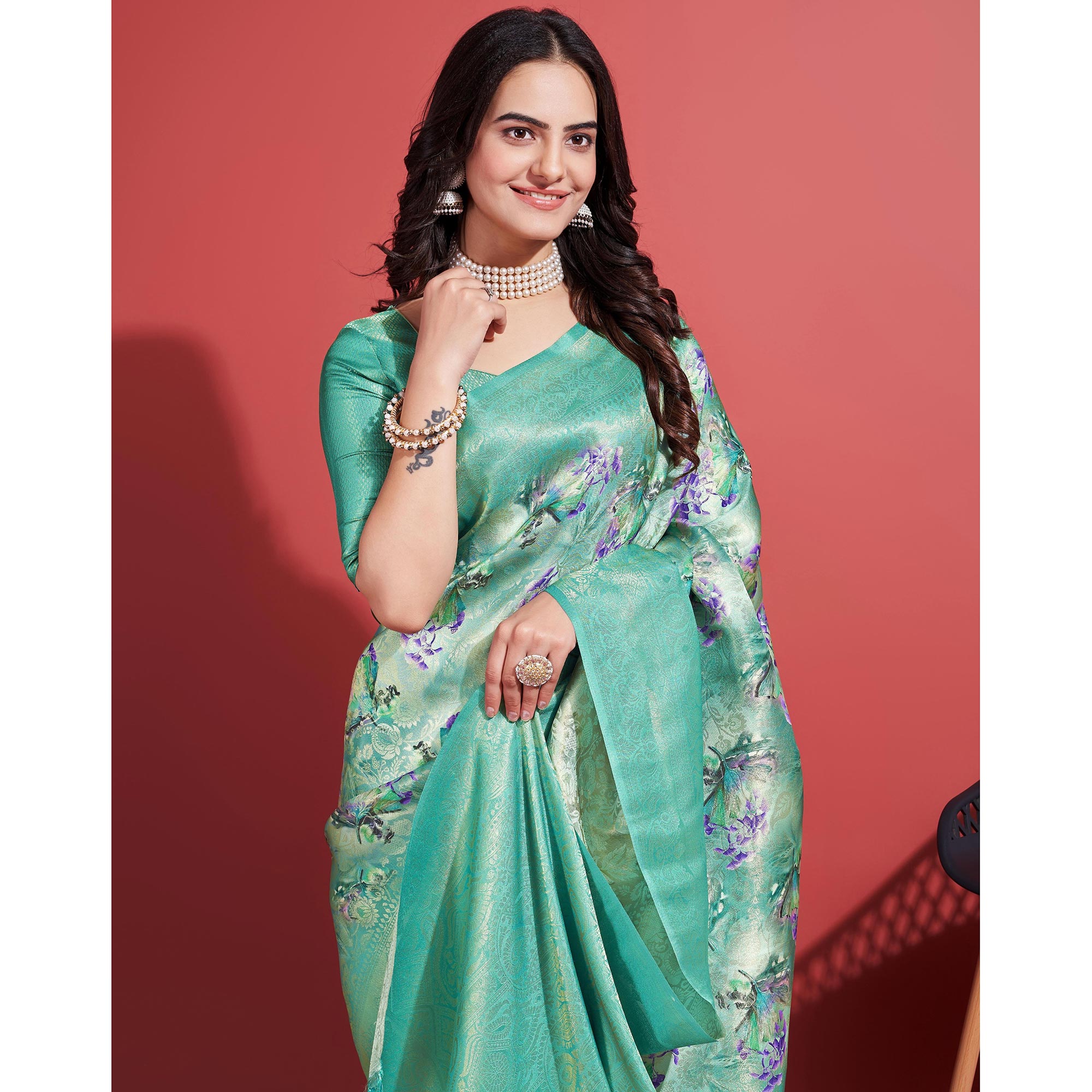 Turquoise Floral Digital Printed With Woven Border Banarasi Silk Saree