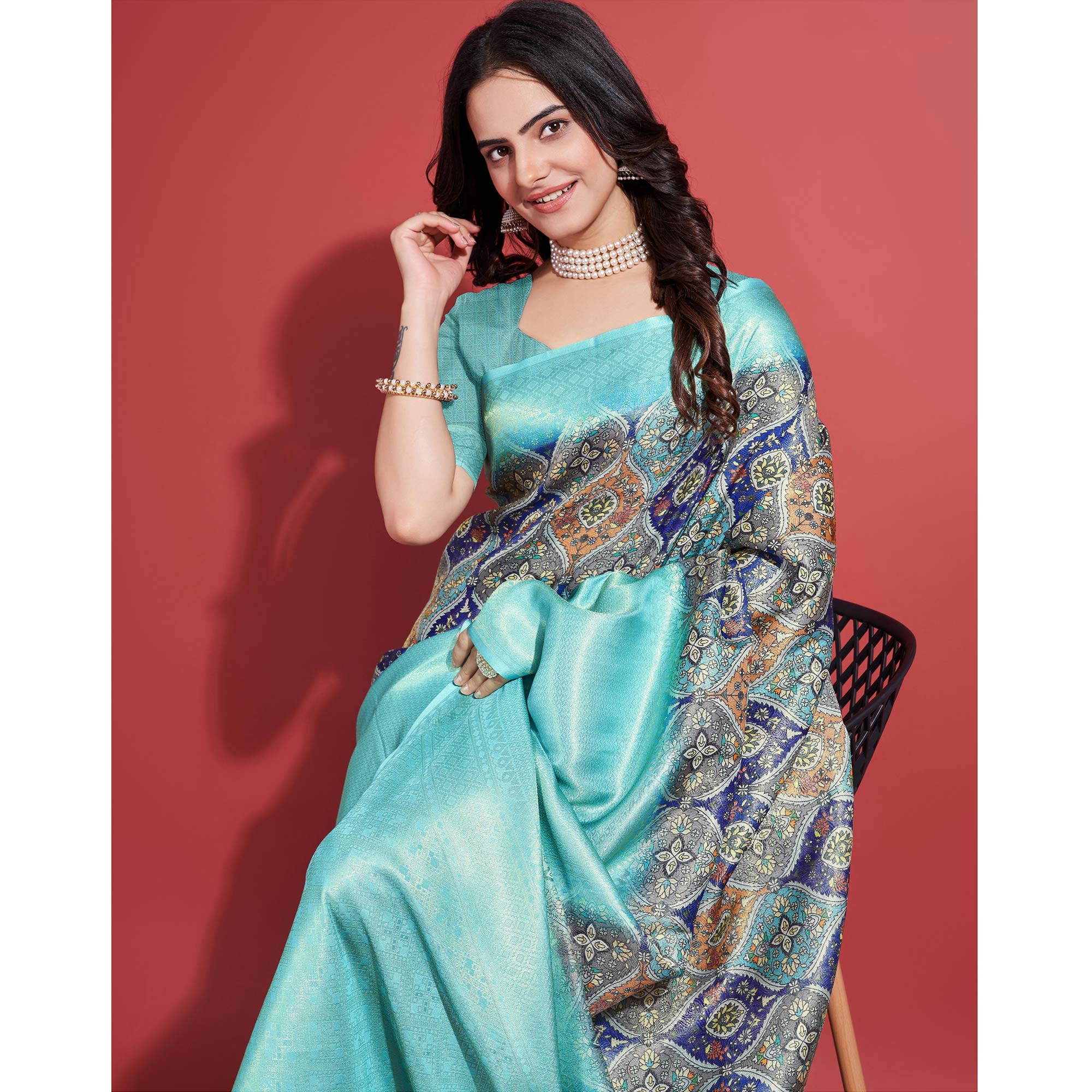 Aqua Floral Digital Printed With Woven Border Banarasi Silk Saree